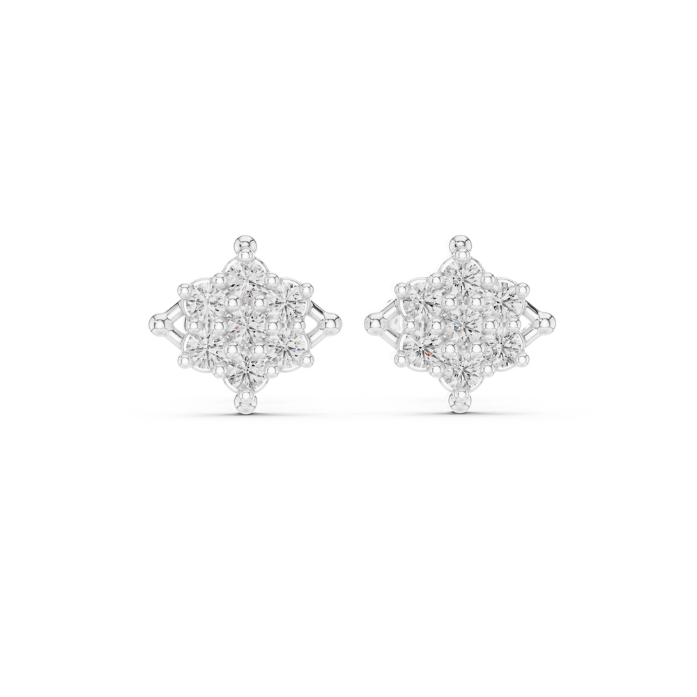 Diamond shape princess cluster stud earrings with marquise and round stones in a tilted square illusion cluster with bead tip corners