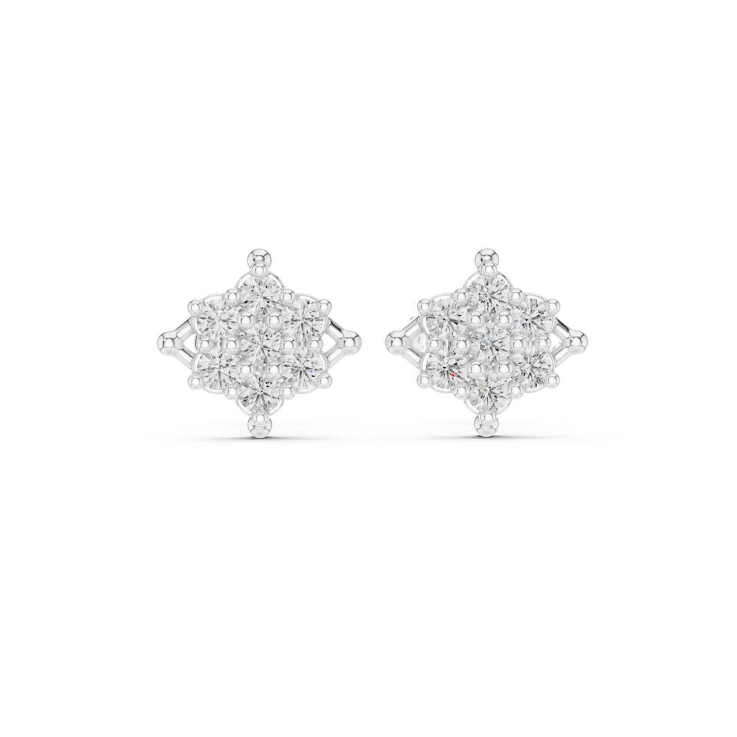 Diamond shape princess cluster stud earrings with marquise and round stones in a tilted square illusion cluster with bead tip corners