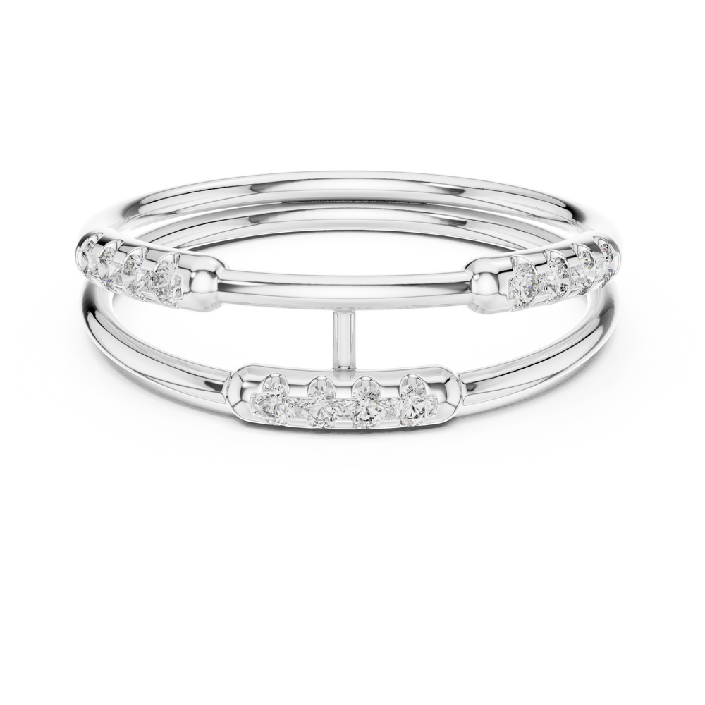 Double band diamond ring with pave setting and bar connector