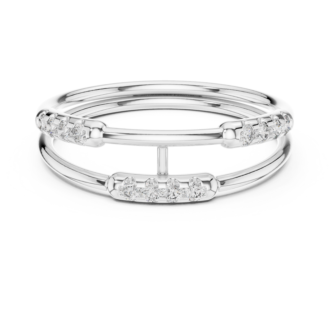 Double band diamond ring with pave setting and bar connector