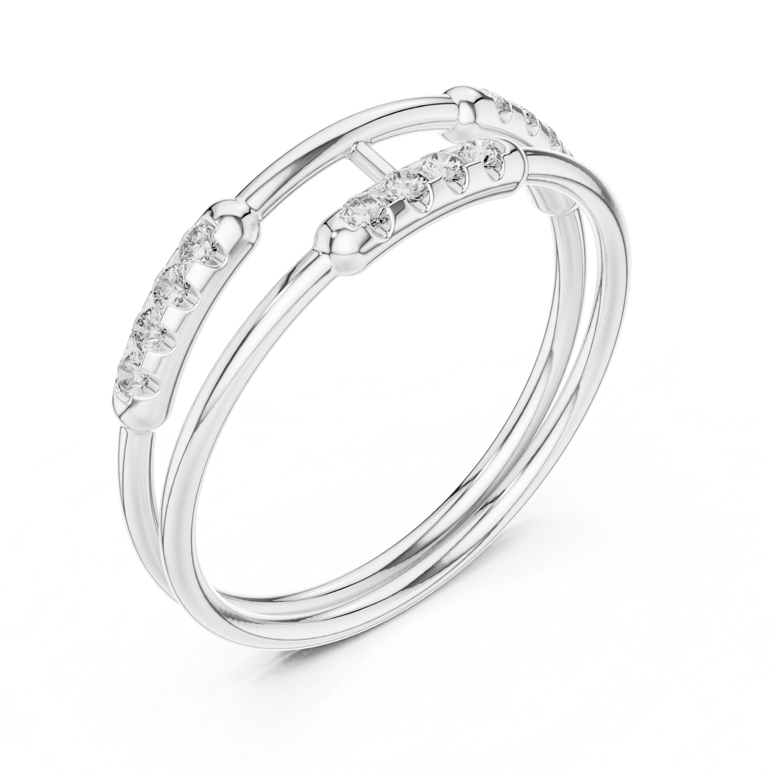 Double band diamond ring with pave setting and bar connector