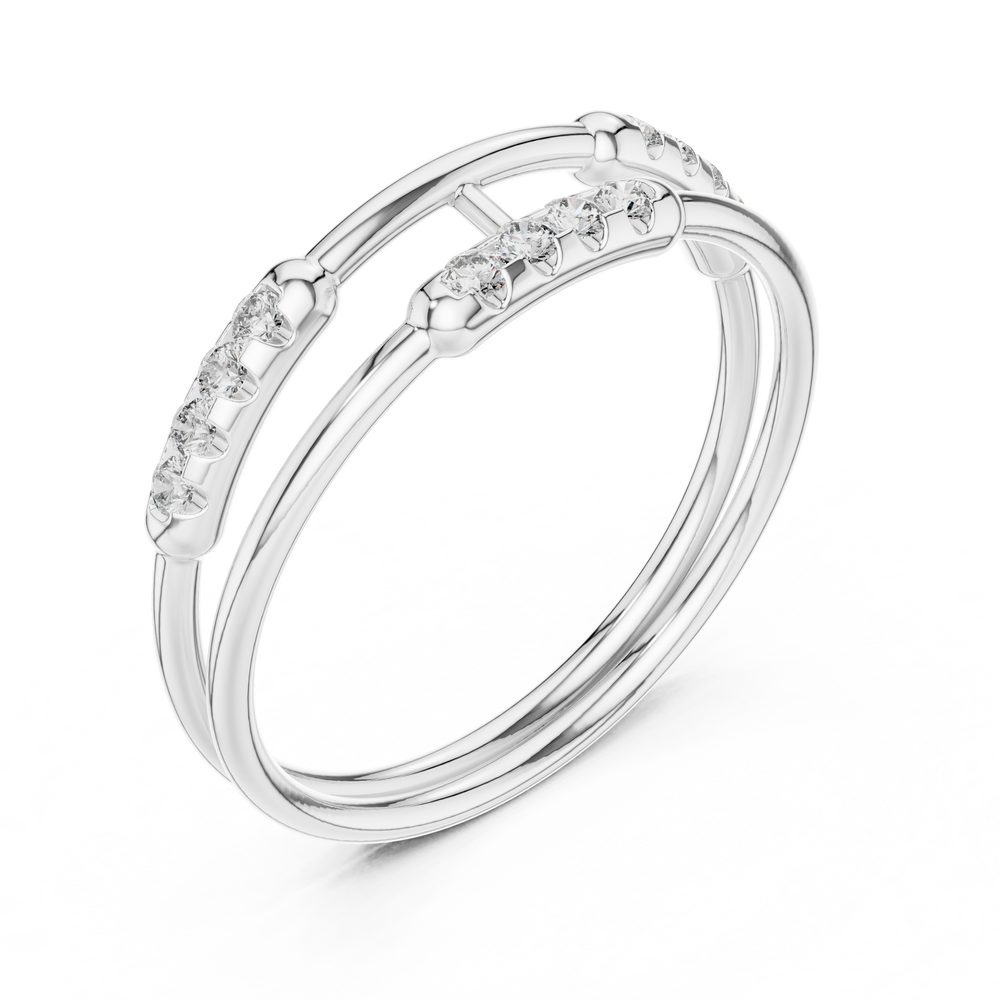 Double band diamond ring with pave setting and bar connector