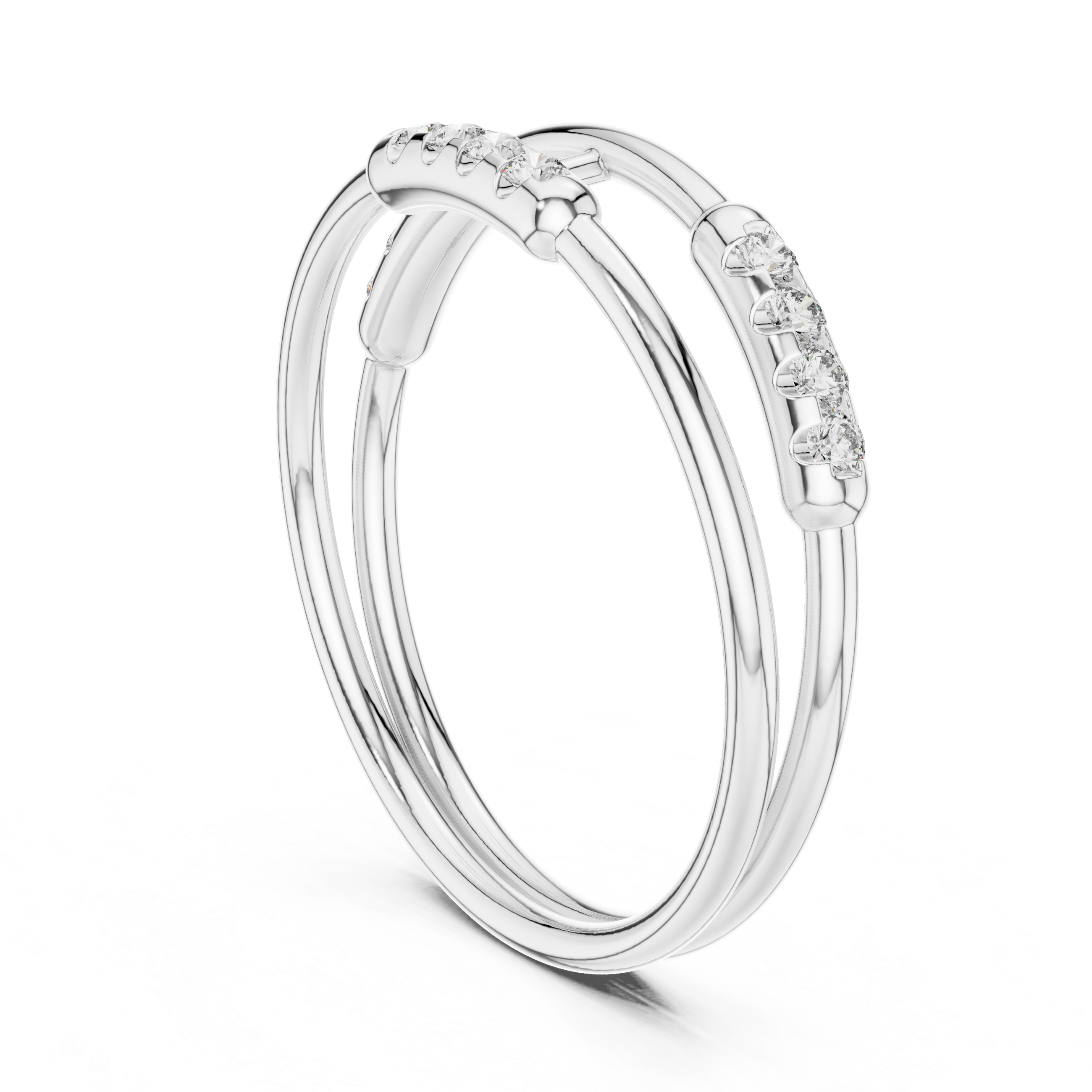 Double band diamond ring with pave setting and bar connector