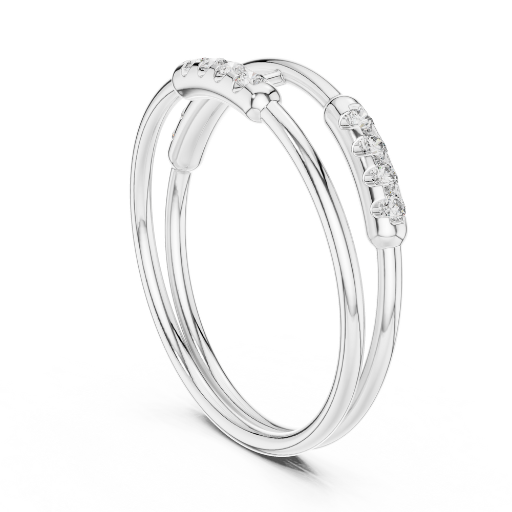 Double band diamond ring with pave setting and bar connector