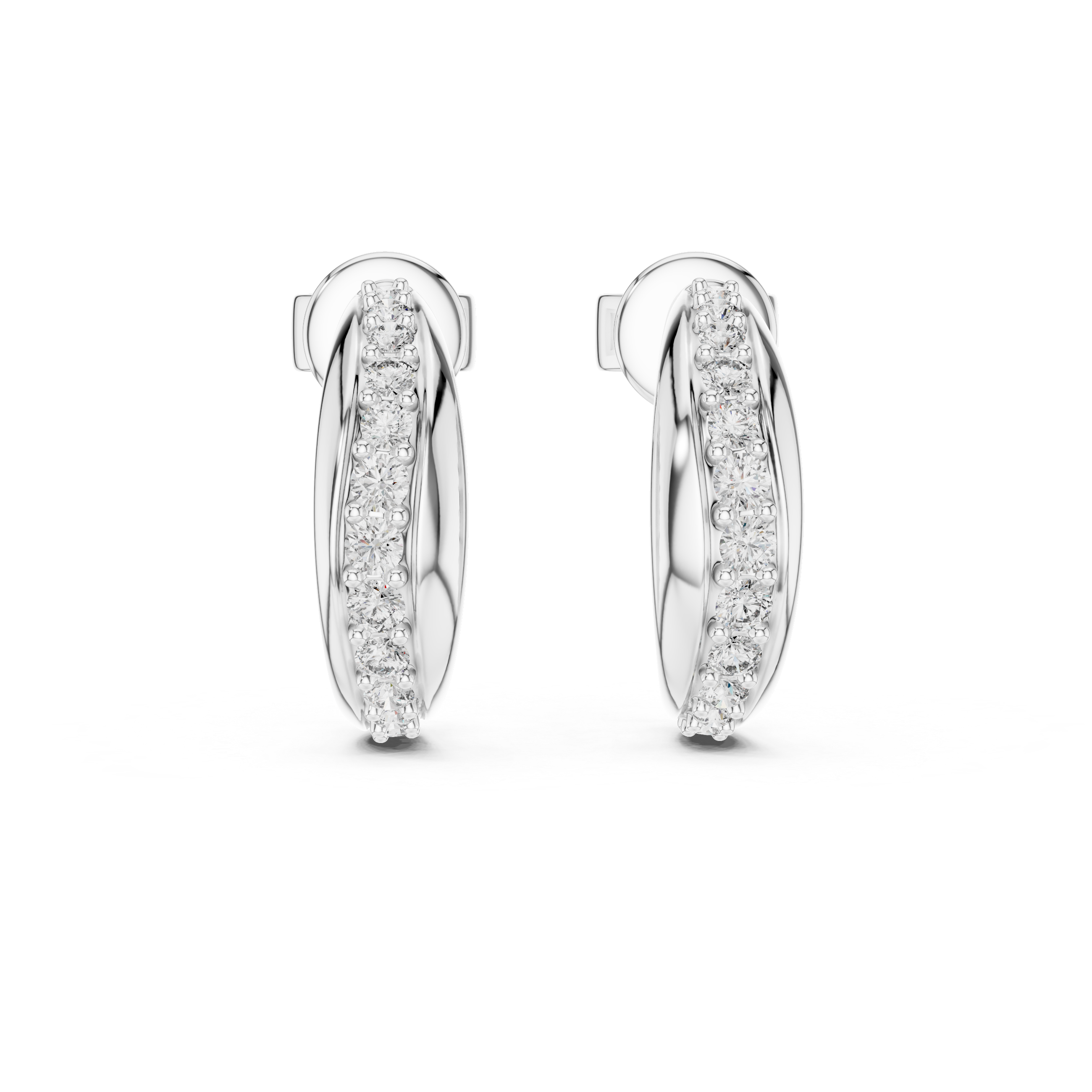 Huggie hoop earrings with a stone-set inner band and a polished outer band intertwined together