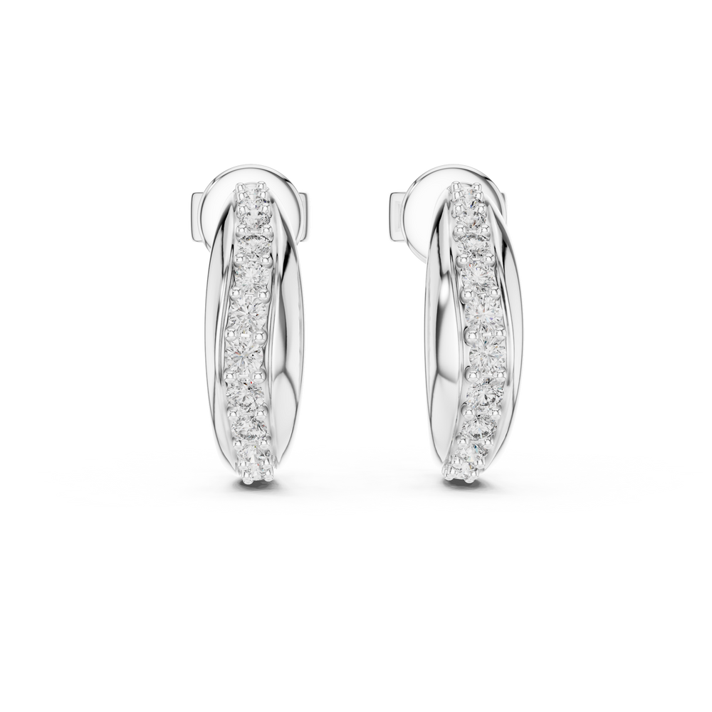 Huggie hoop earrings with a stone-set inner band and a polished outer band intertwined together