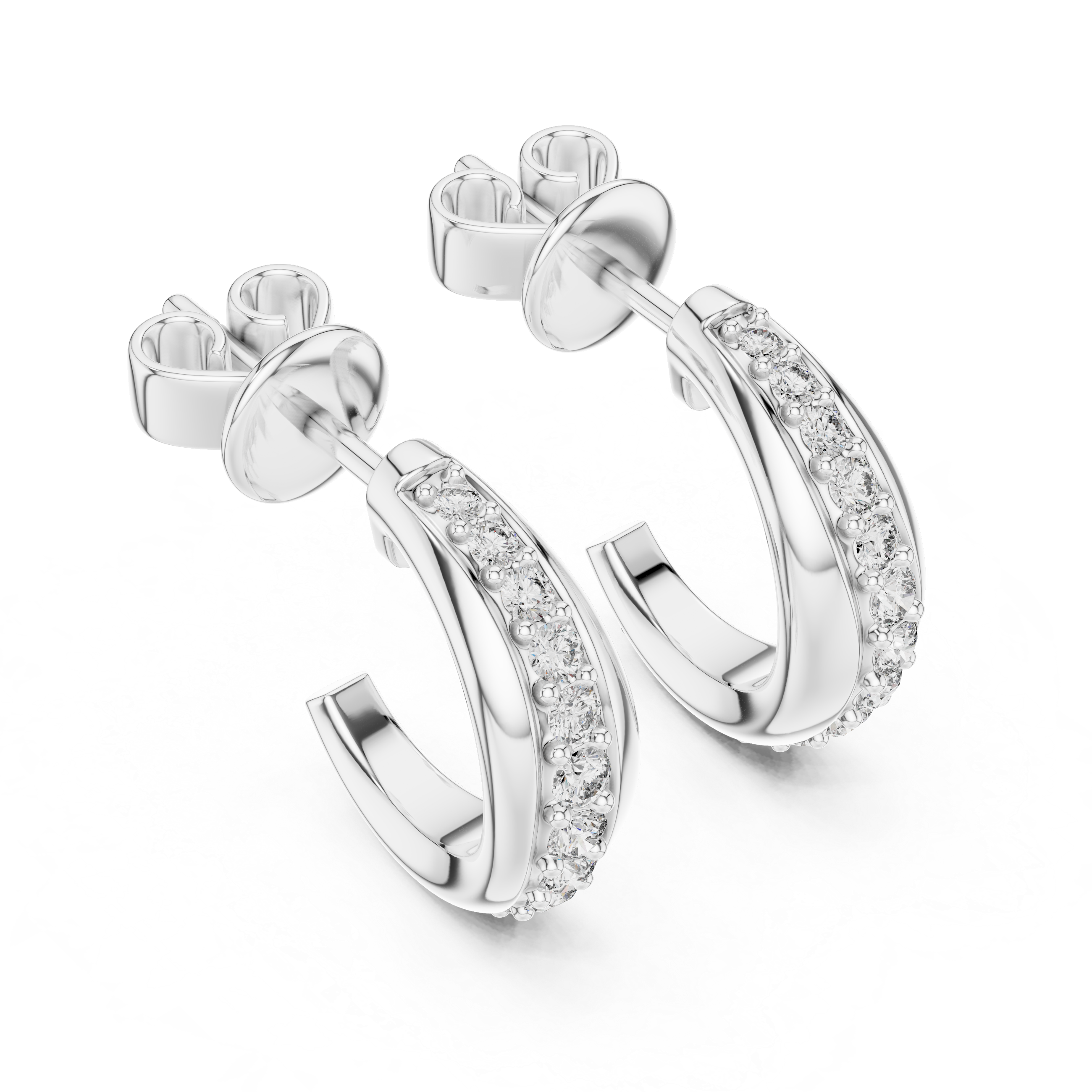 Huggie hoop earrings with a stone-set inner band and a polished outer band intertwined together