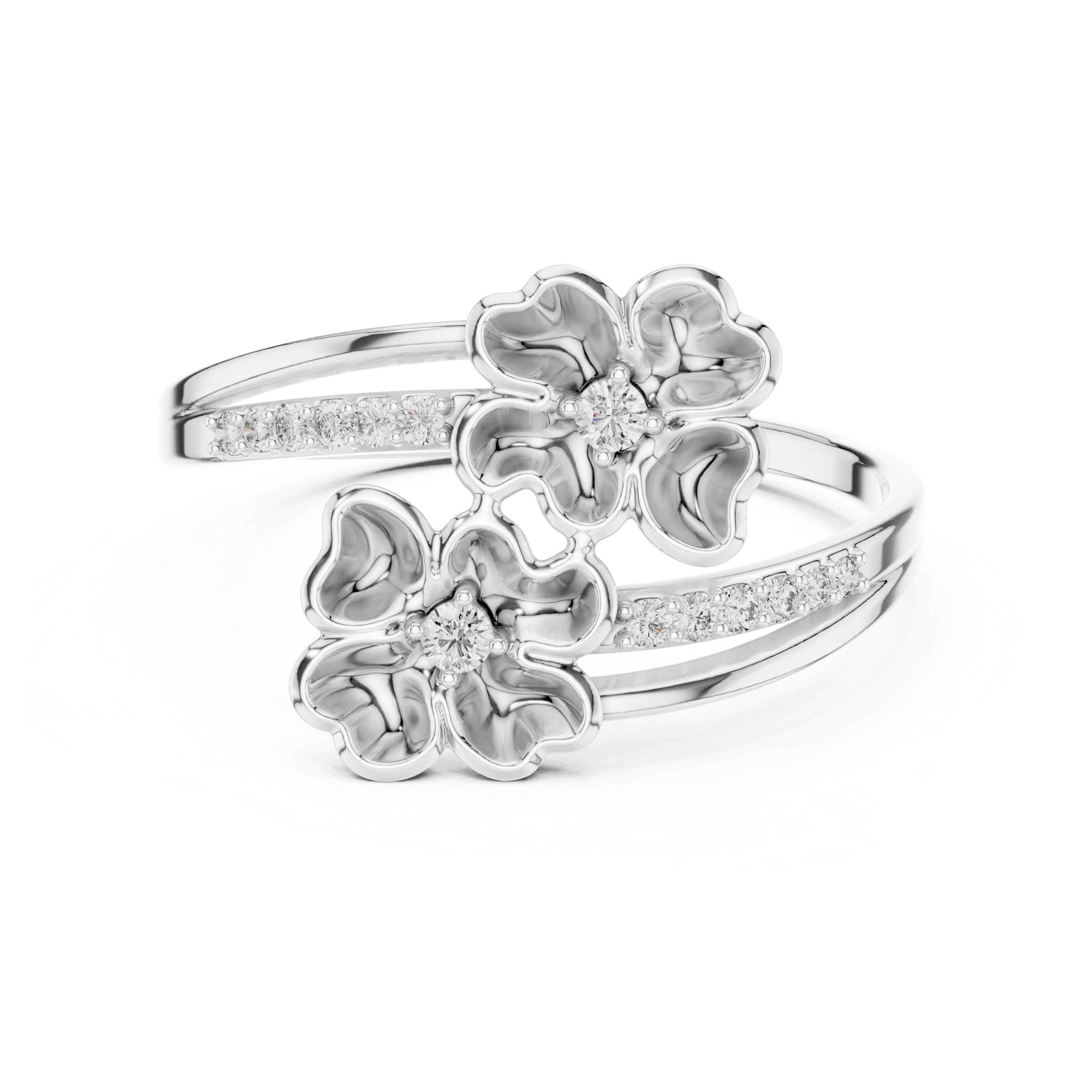 Double blossom bypass ring with sculpted petals and channel set band