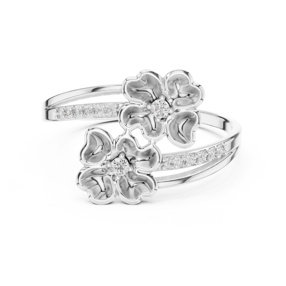 Double blossom bypass ring with sculpted petals and channel set band