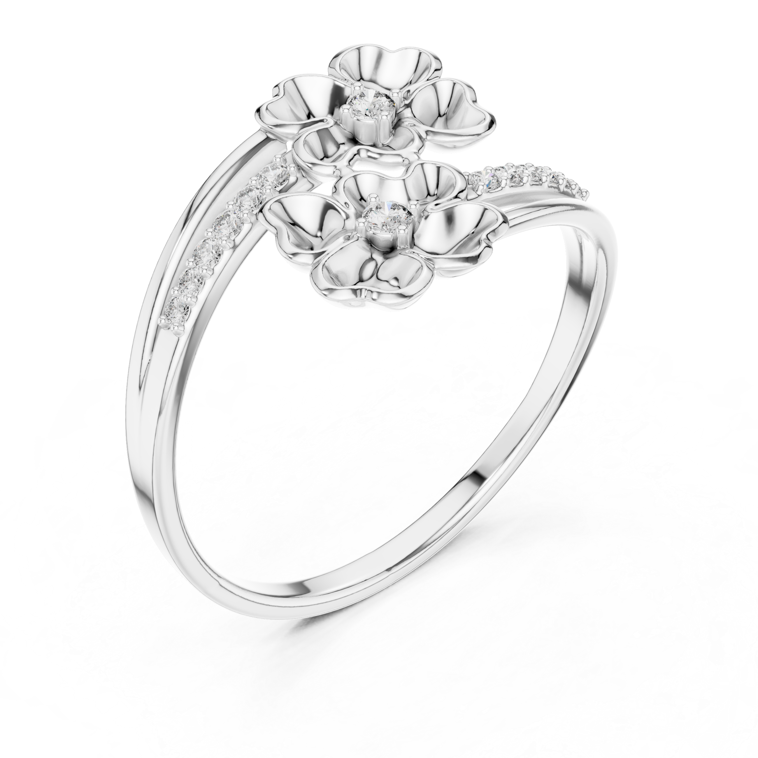Double blossom bypass ring with sculpted petals and channel set band