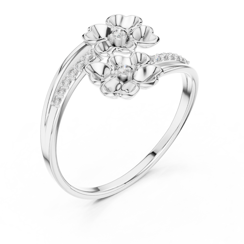 Double blossom bypass ring with sculpted petals and channel set band