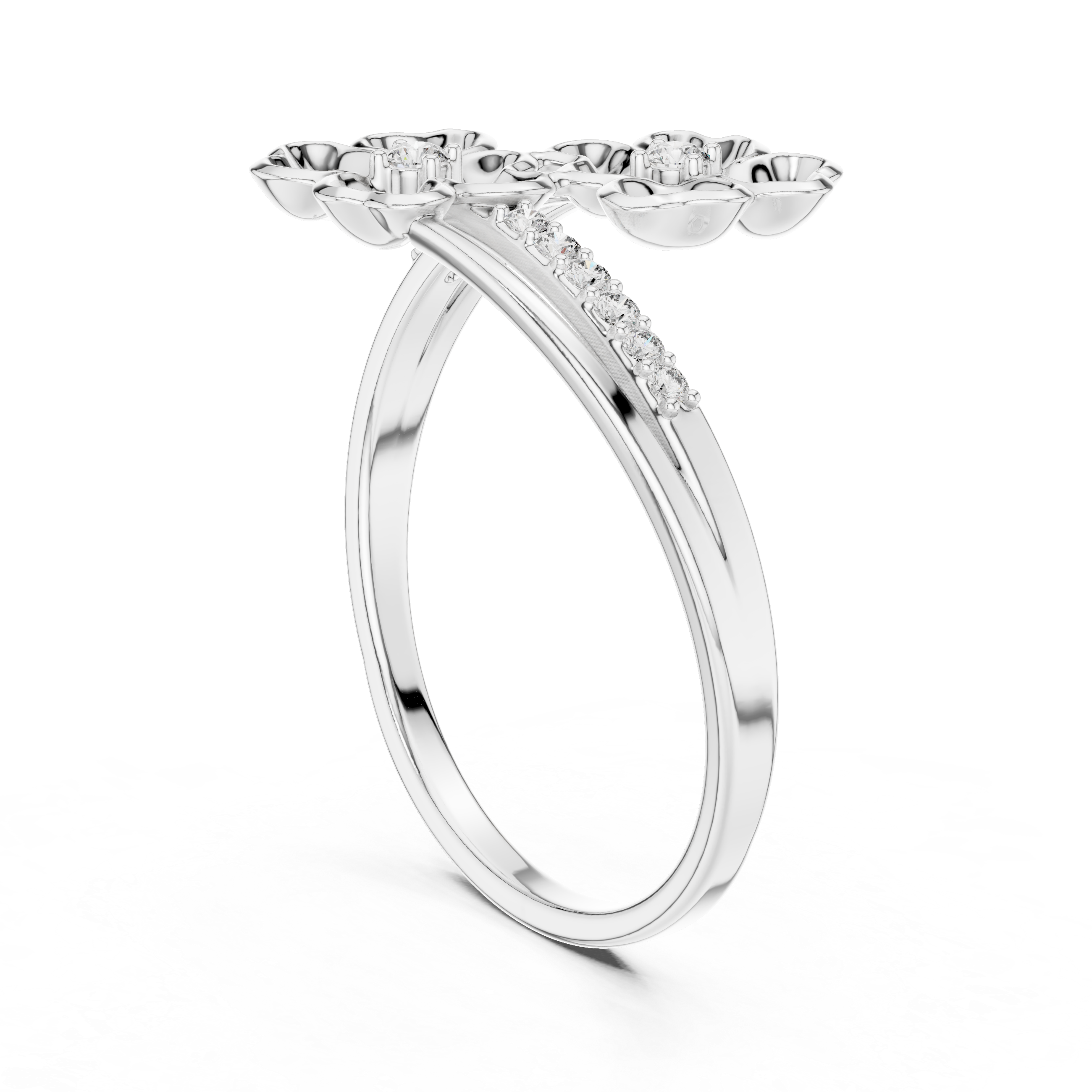 Double blossom bypass ring with sculpted petals and channel set band