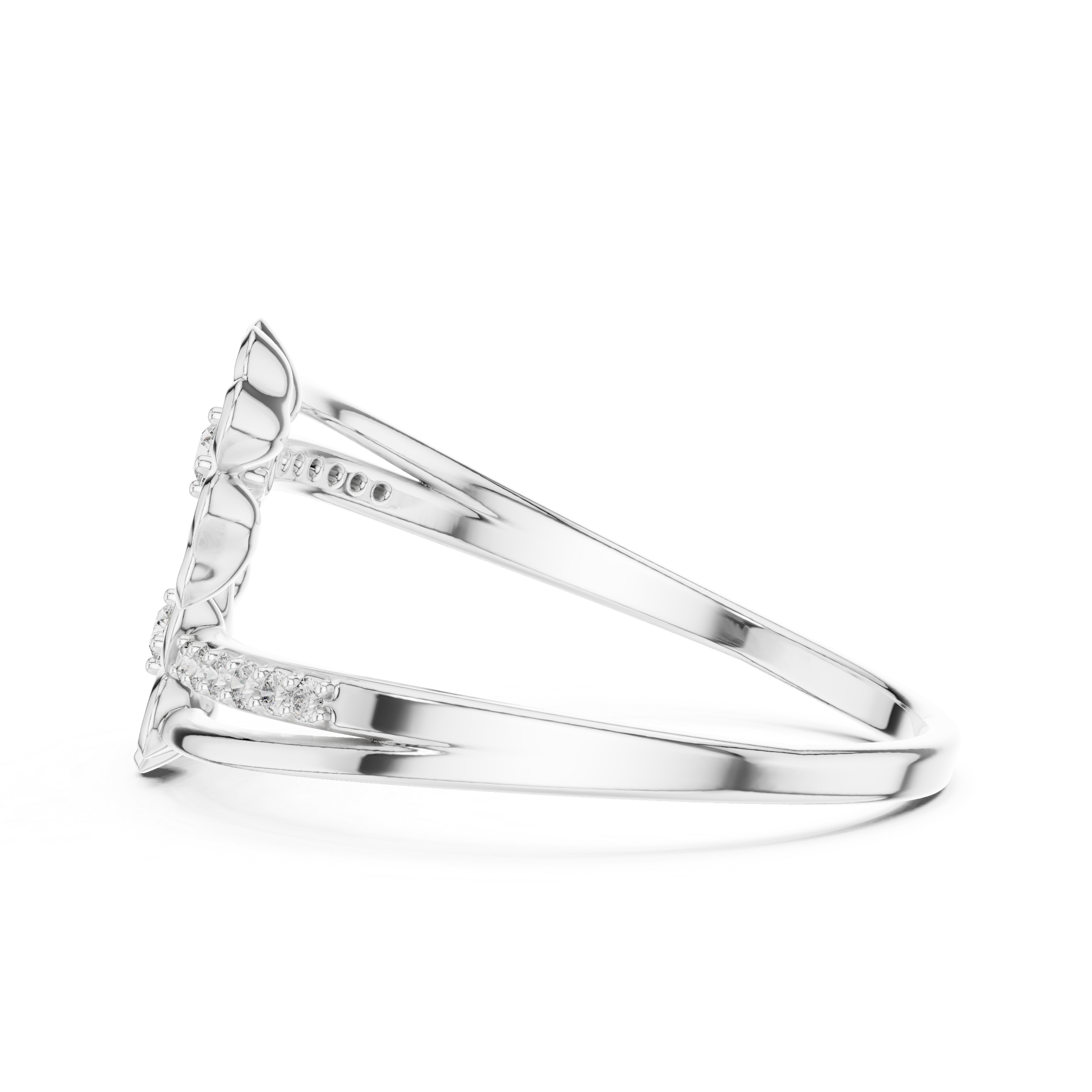 Double blossom bypass ring with sculpted petals and channel set band