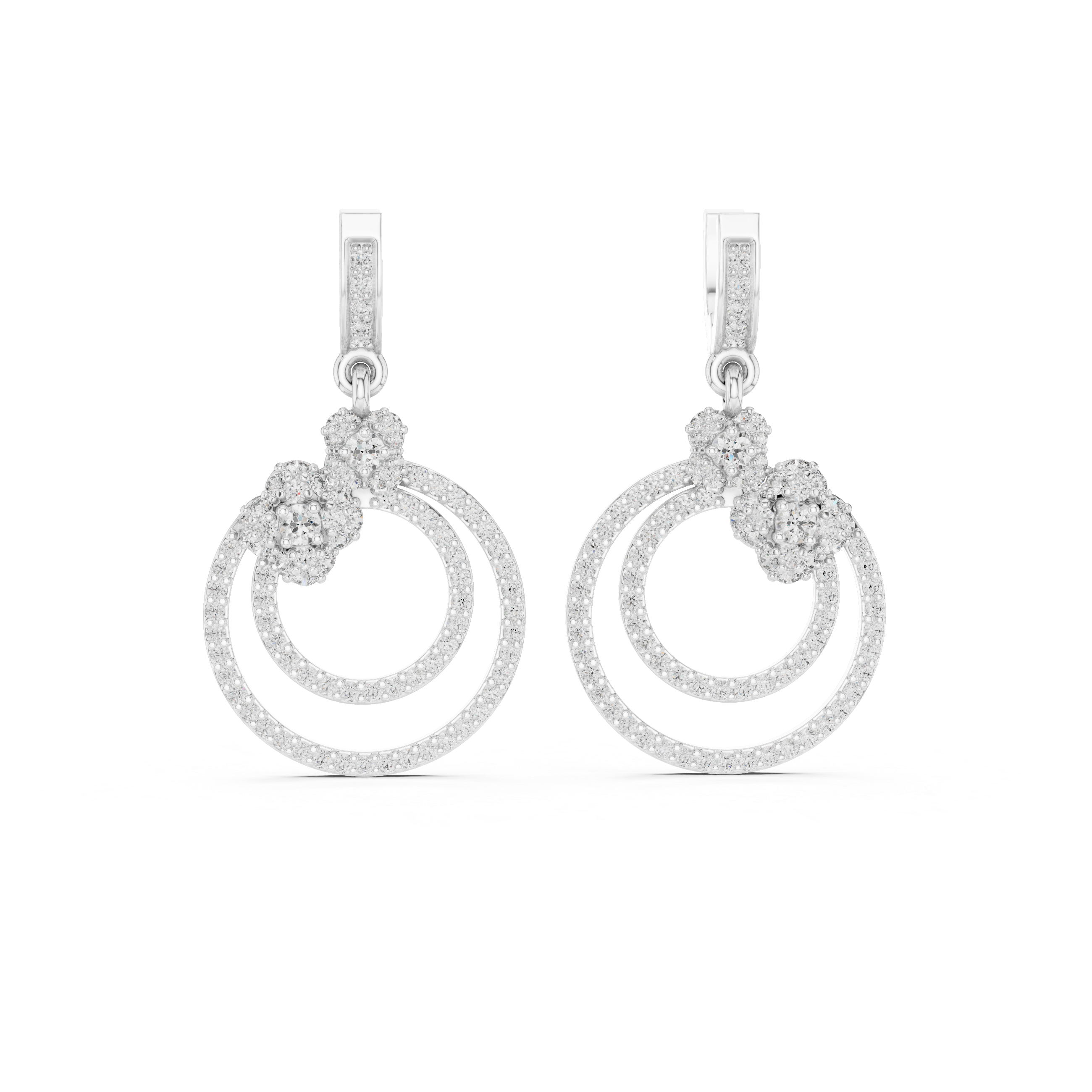 Double circle floral cluster drop earrings with pave bar top, floral cluster connector and double open pave circle drop