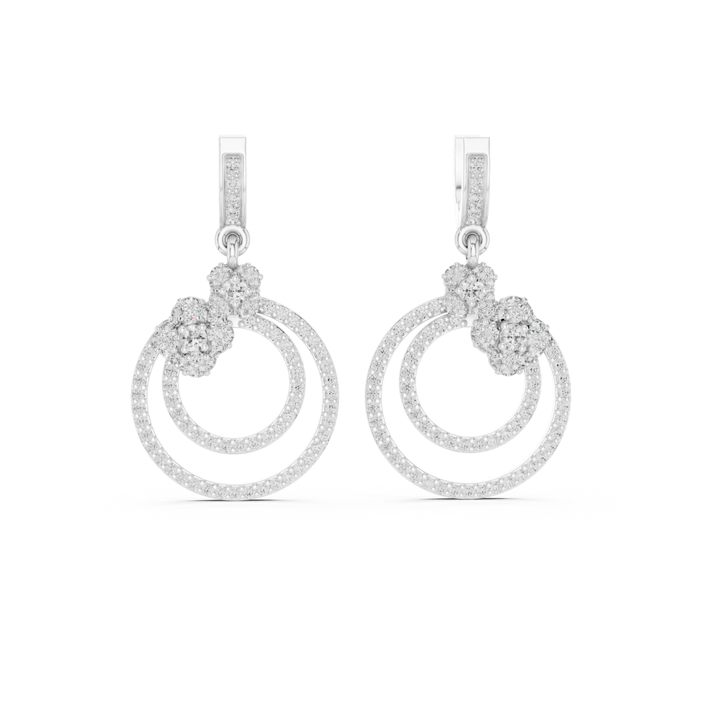 Double circle floral cluster drop earrings with pave bar top, floral cluster connector and double open pave circle drop