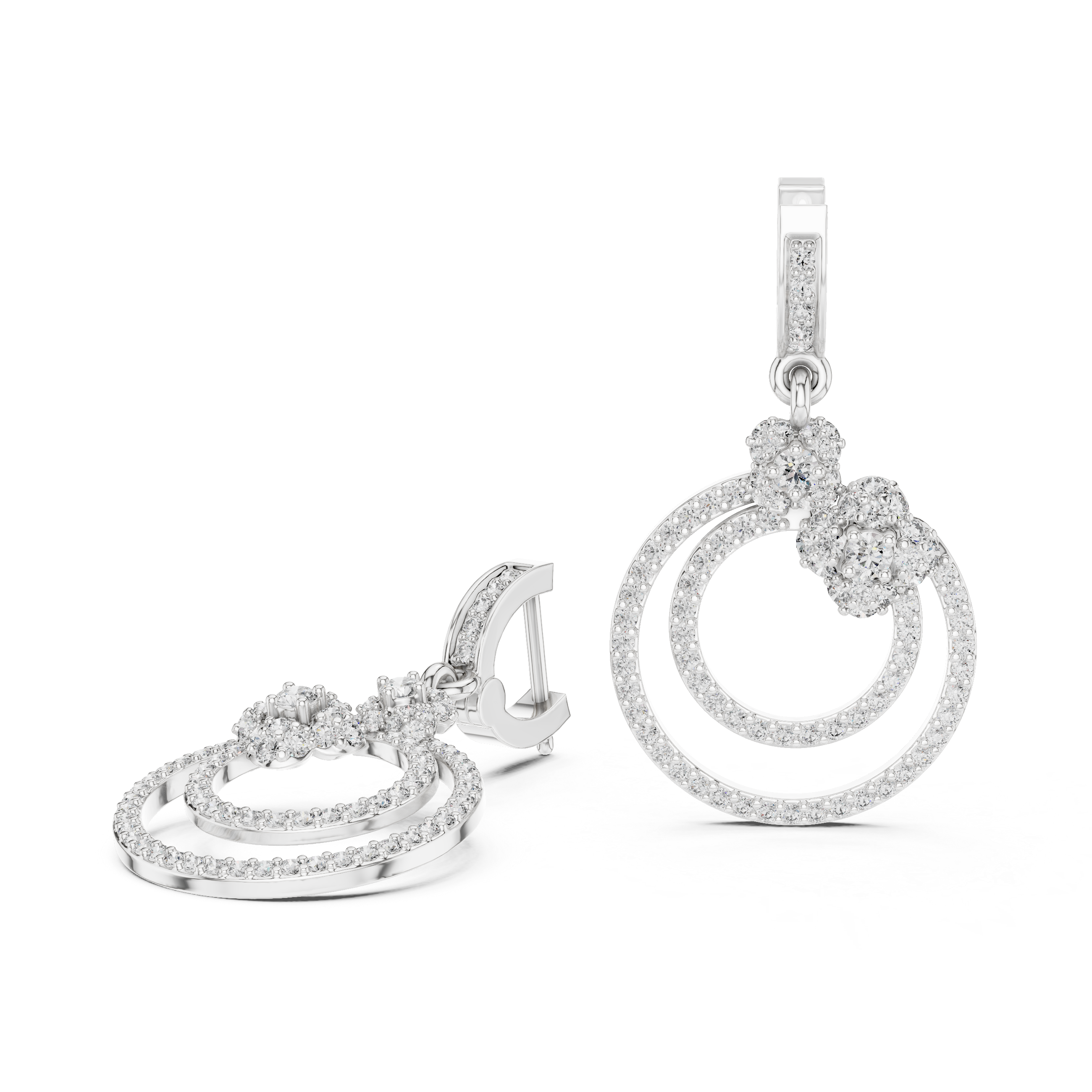 Double circle floral cluster drop earrings with pave bar top, floral cluster connector and double open pave circle drop