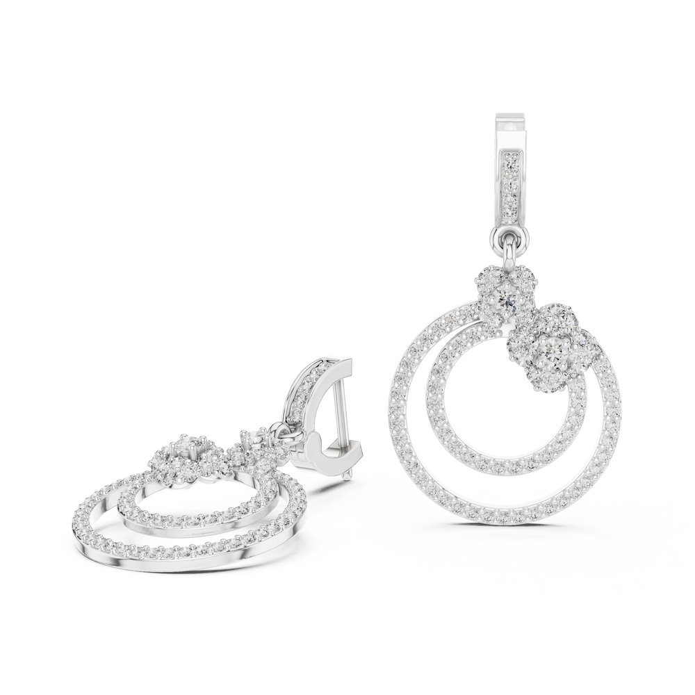 Double circle floral cluster drop earrings with pave bar top, floral cluster connector and double open pave circle drop