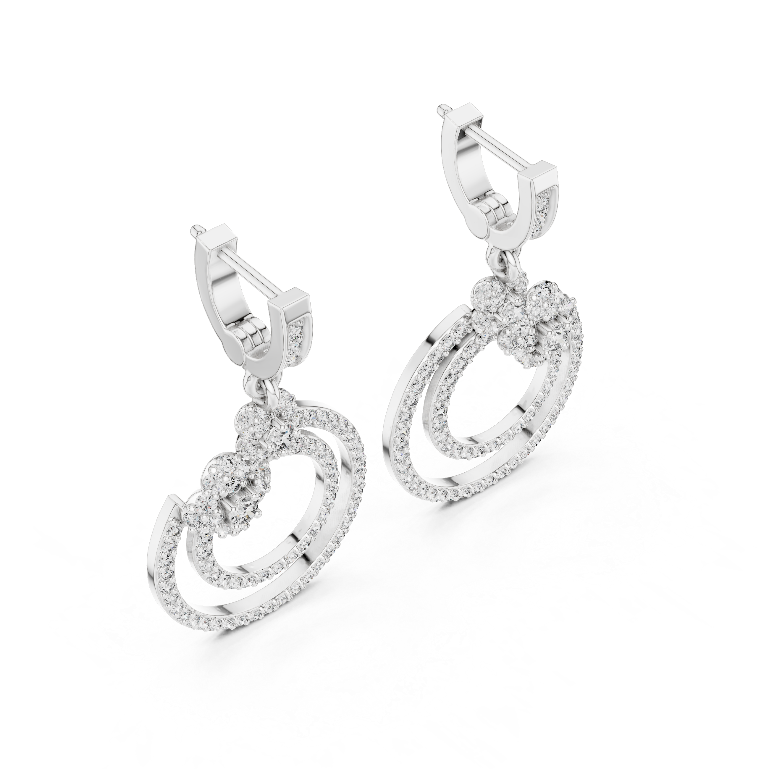 Double circle floral cluster drop earrings with pave bar top, floral cluster connector and double open pave circle drop