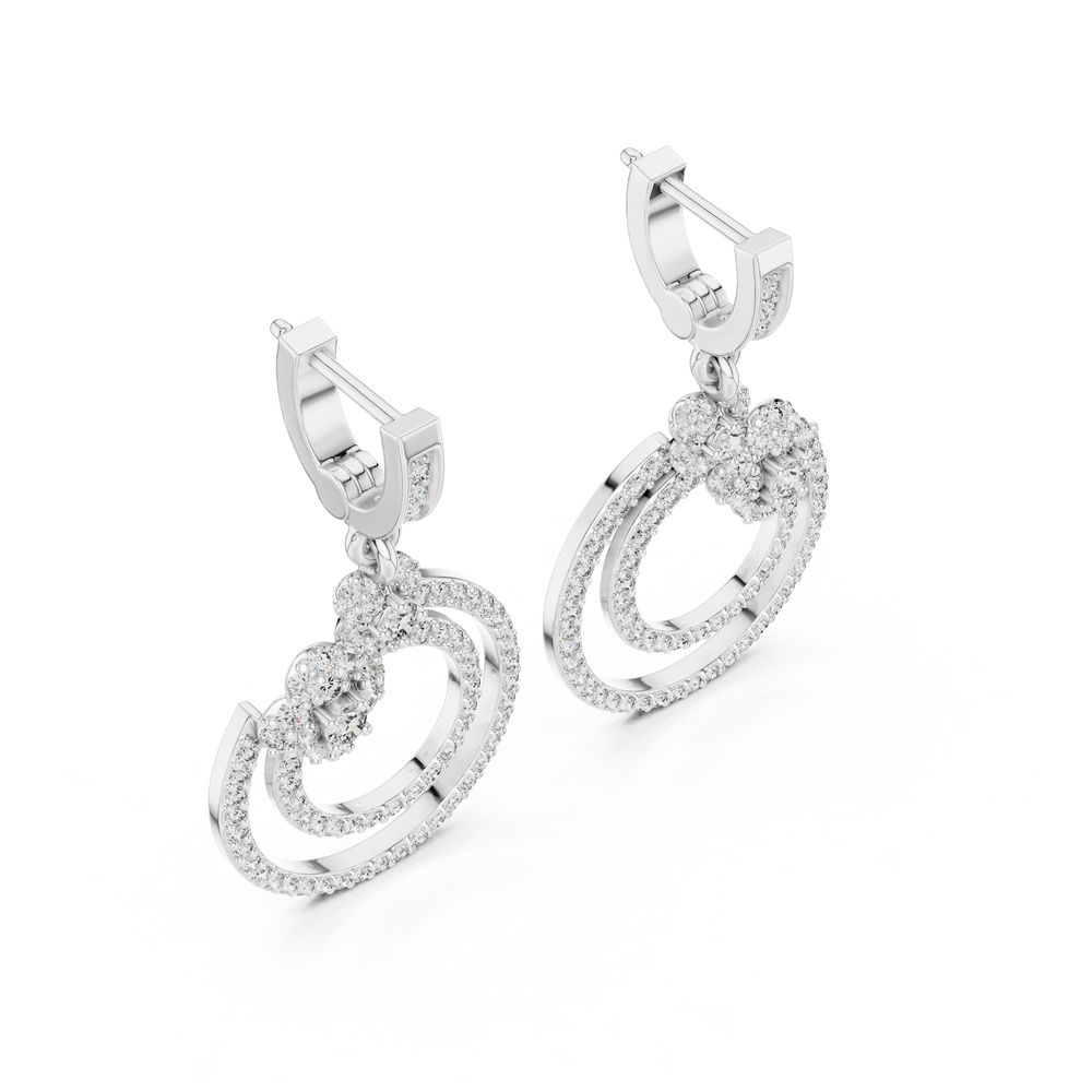 Double circle floral cluster drop earrings with pave bar top, floral cluster connector and double open pave circle drop