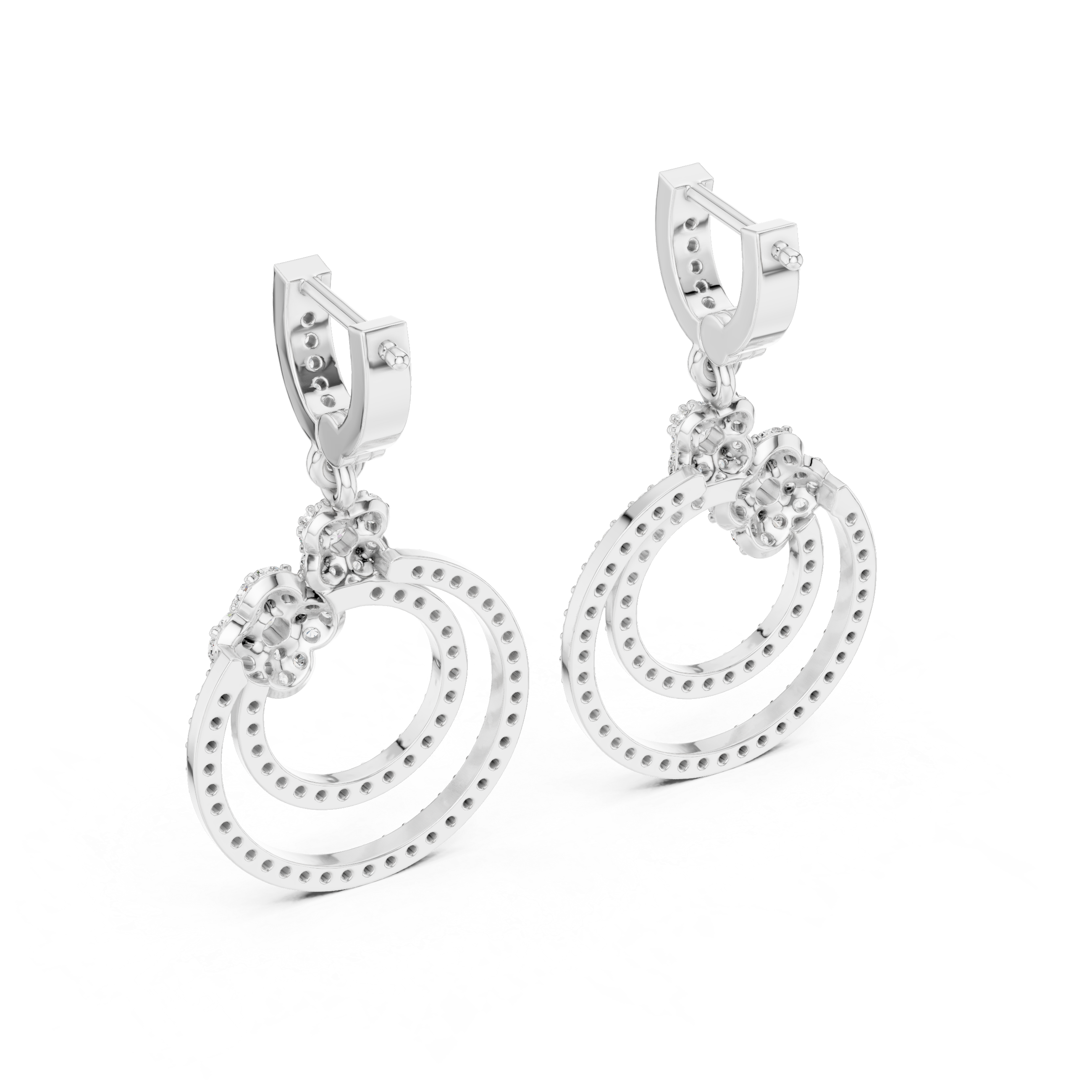 Double circle floral cluster drop earrings with pave bar top, floral cluster connector and double open pave circle drop