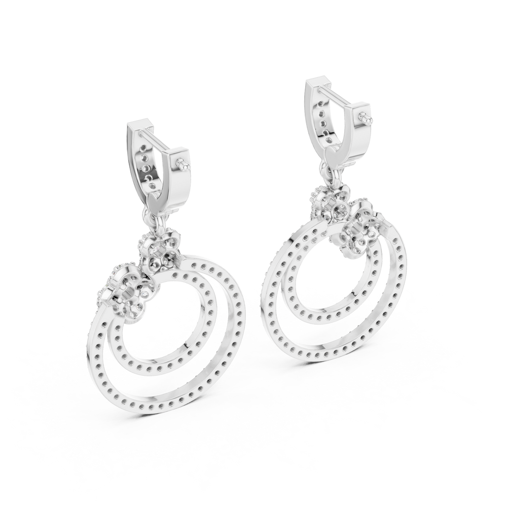 Double circle floral cluster drop earrings with pave bar top, floral cluster connector and double open pave circle drop