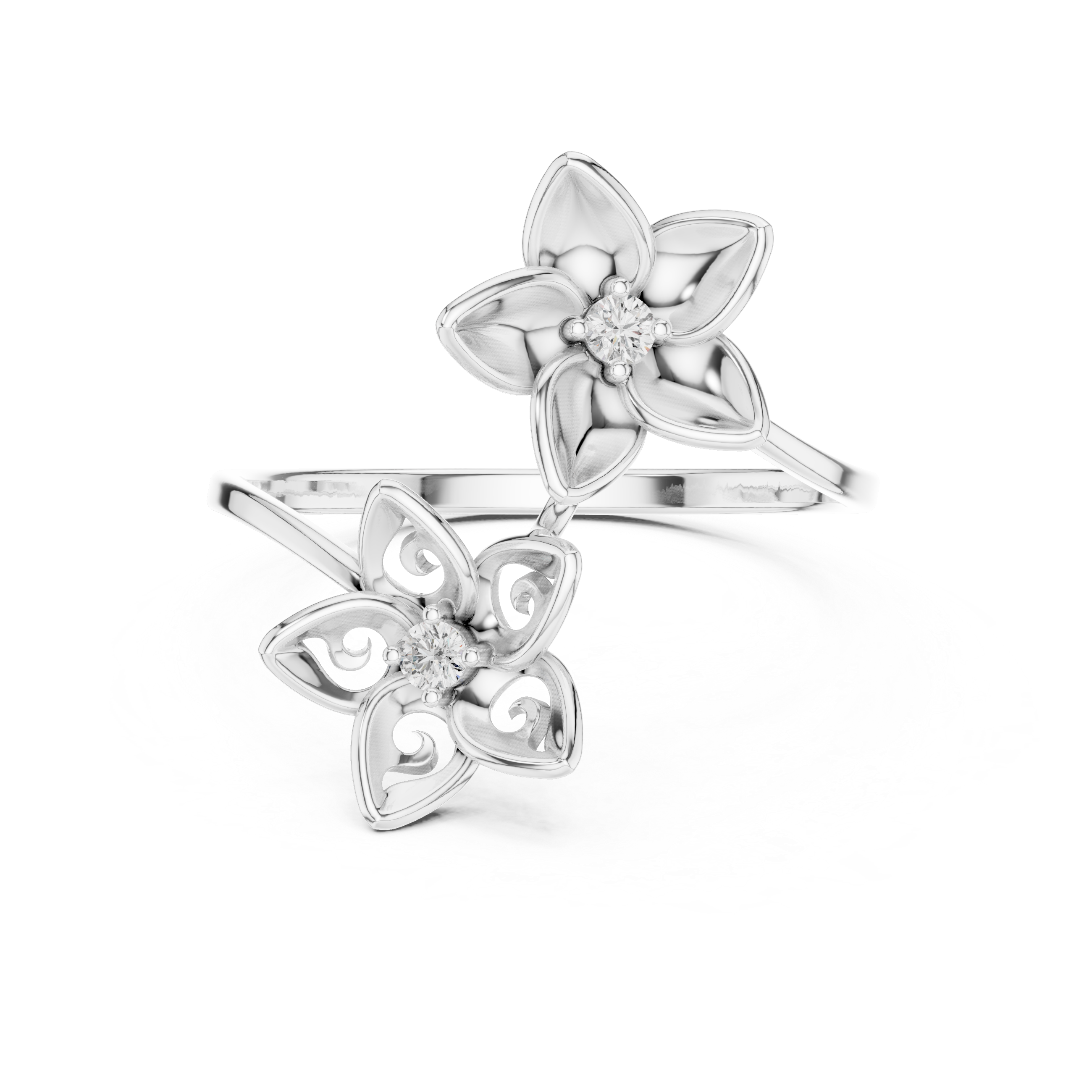 Double floral bypass open ring with sculpted petal blooms and solitaire centres