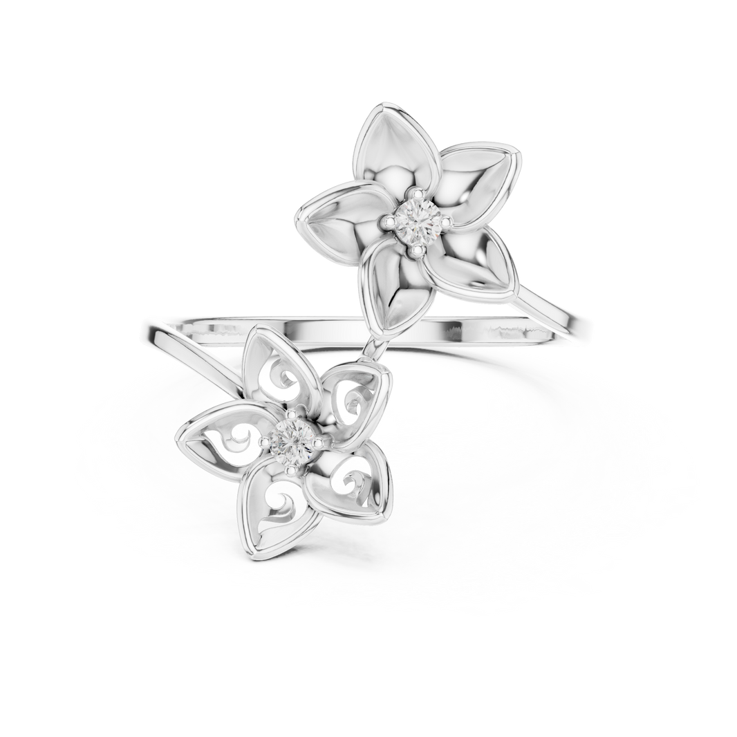 Double floral bypass open ring with sculpted petal blooms and solitaire centres