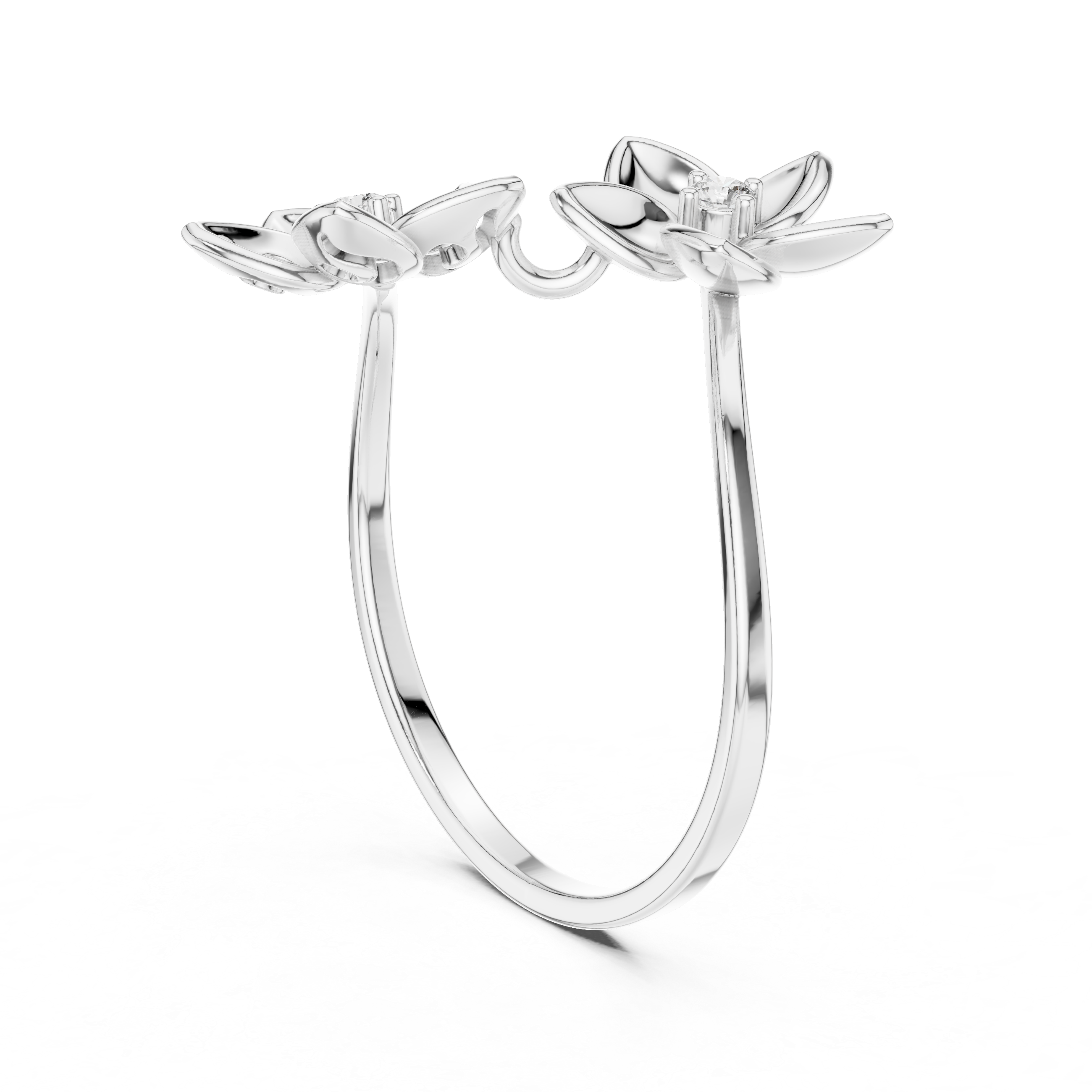 Double floral bypass open ring with sculpted petal blooms and solitaire centres