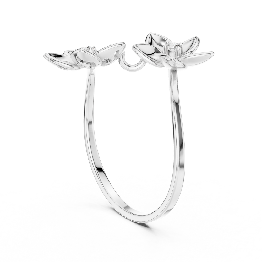 Double floral bypass open ring with sculpted petal blooms and solitaire centres