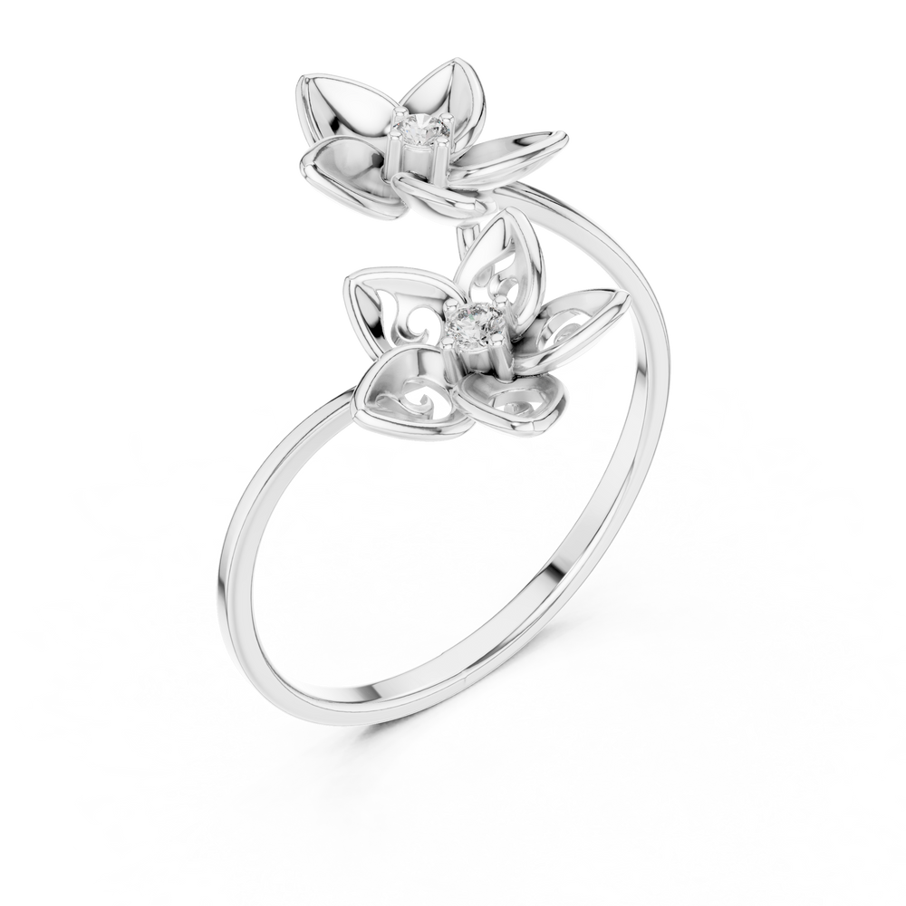 Double floral bypass open ring with sculpted petal blooms and solitaire centres