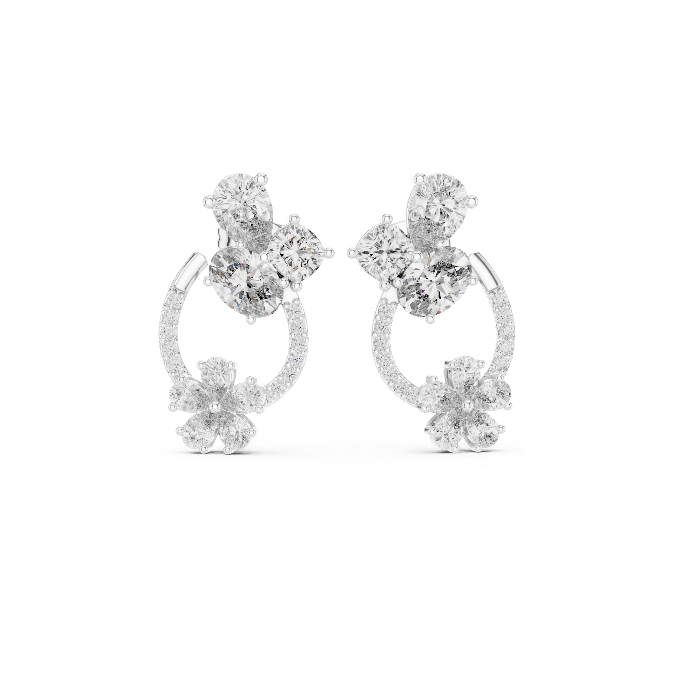 Double floral cluster circle earrings with pear and round stone flower clusters at top and bottom connected by an open pave circle frame