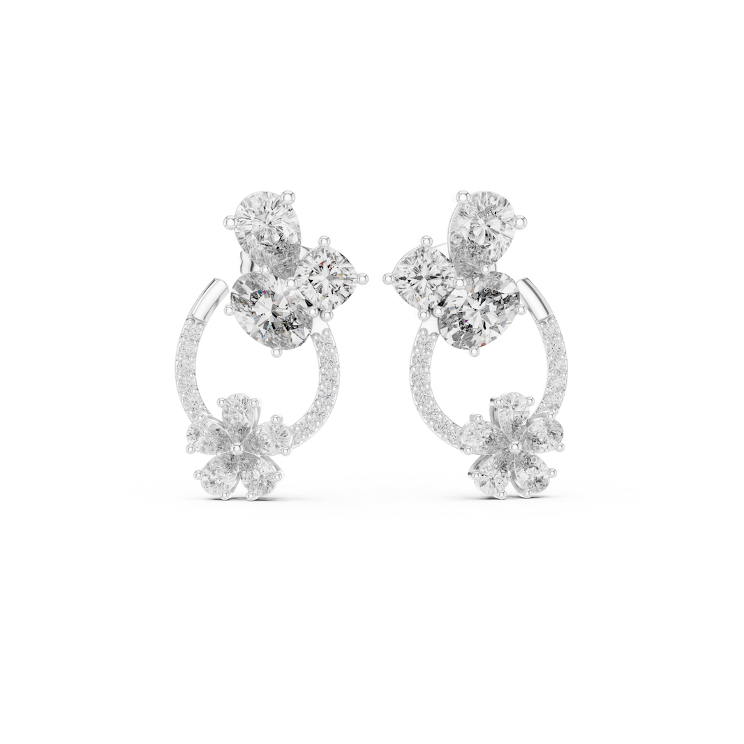 Double floral cluster circle earrings with pear and round stone flower clusters at top and bottom connected by an open pave circle frame