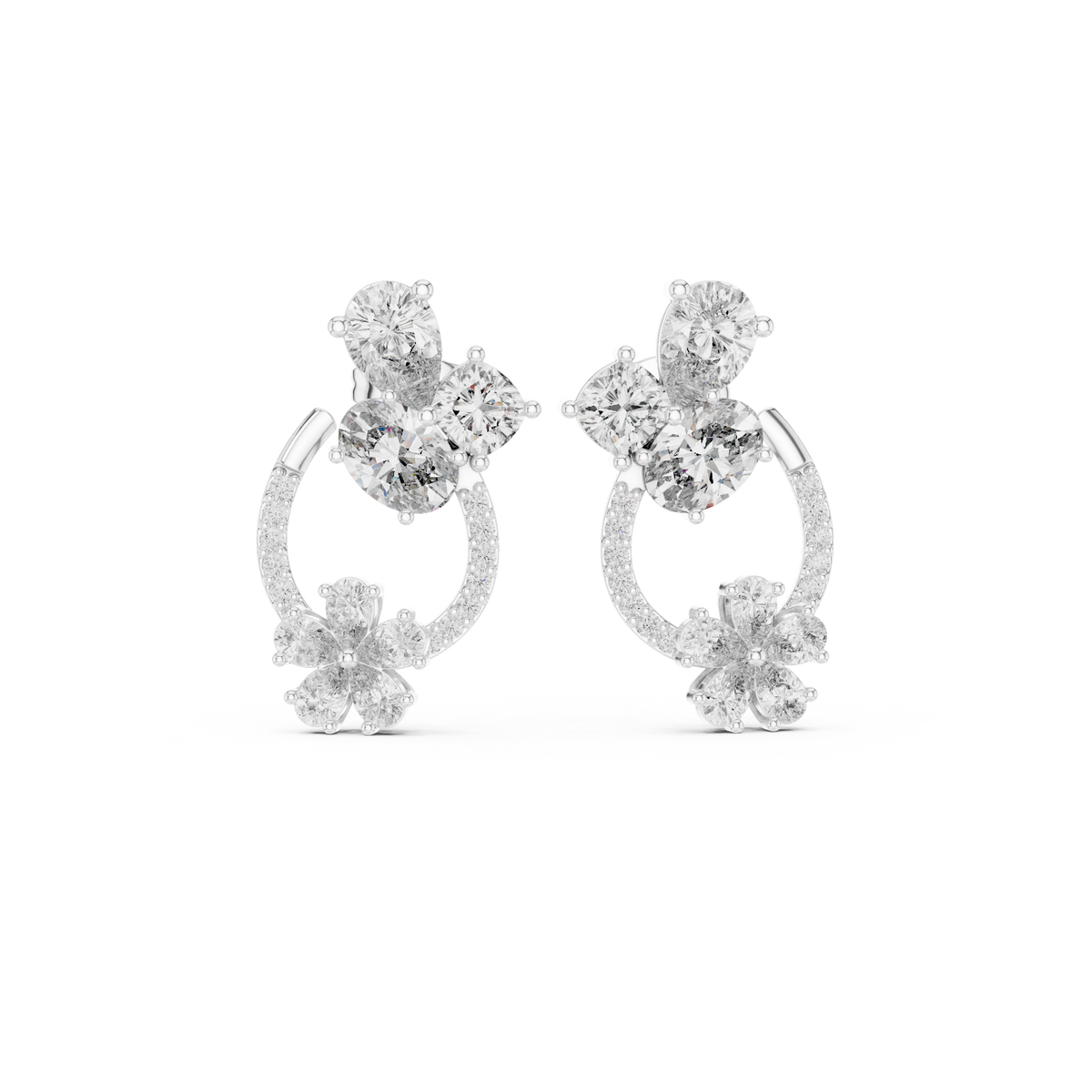 Double floral cluster circle earrings with pear and round stone flower clusters at top and bottom connected by an open pave circle frame