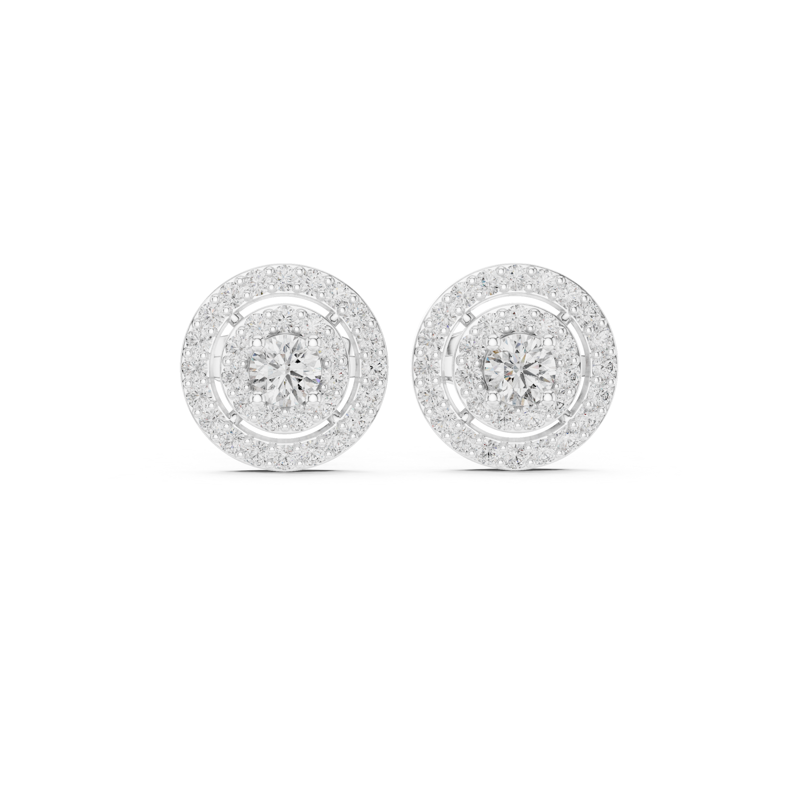 Double halo cluster stud earrings with pave set round detailing