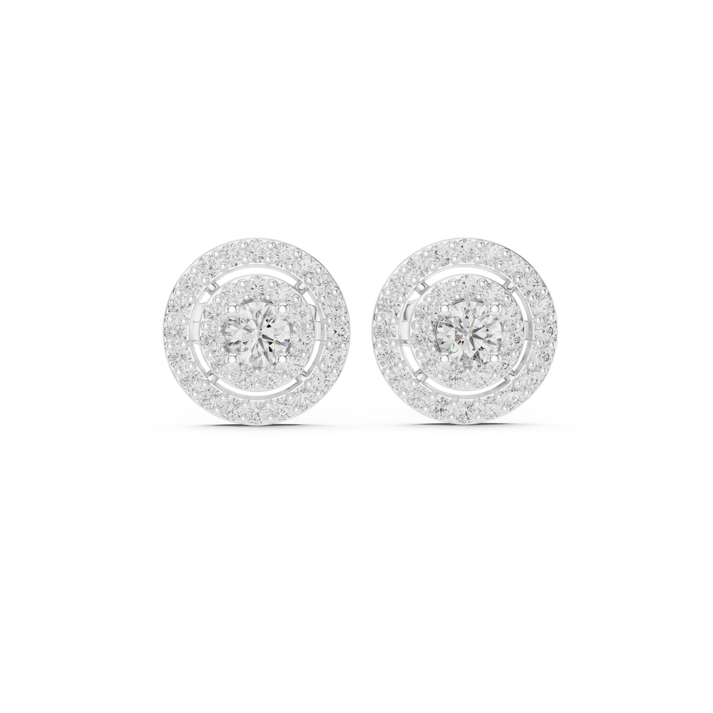Double halo cluster stud earrings with pave set round detailing