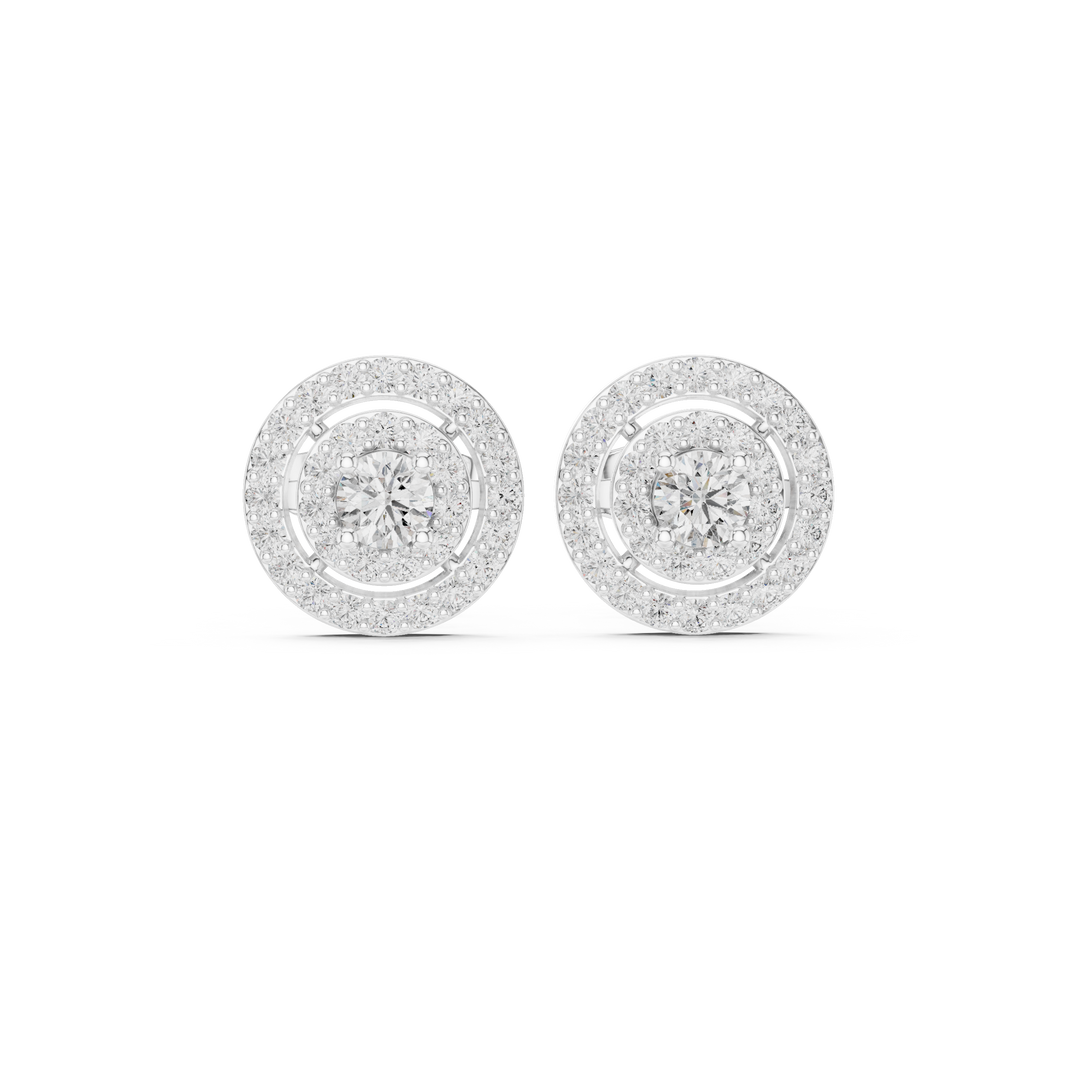 Double halo cluster stud earrings with pave set round detailing