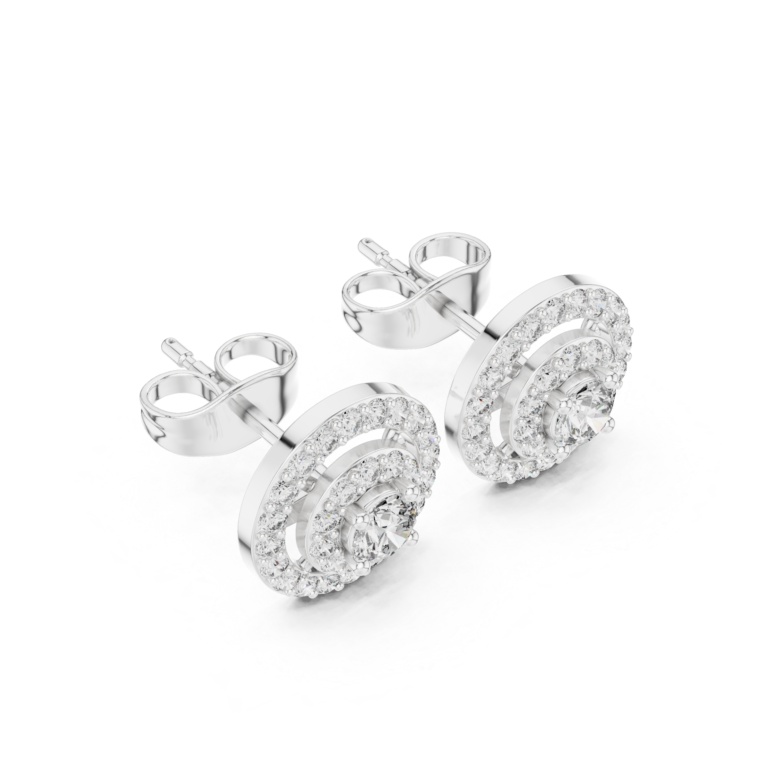 Double halo cluster stud earrings with pave set round detailing