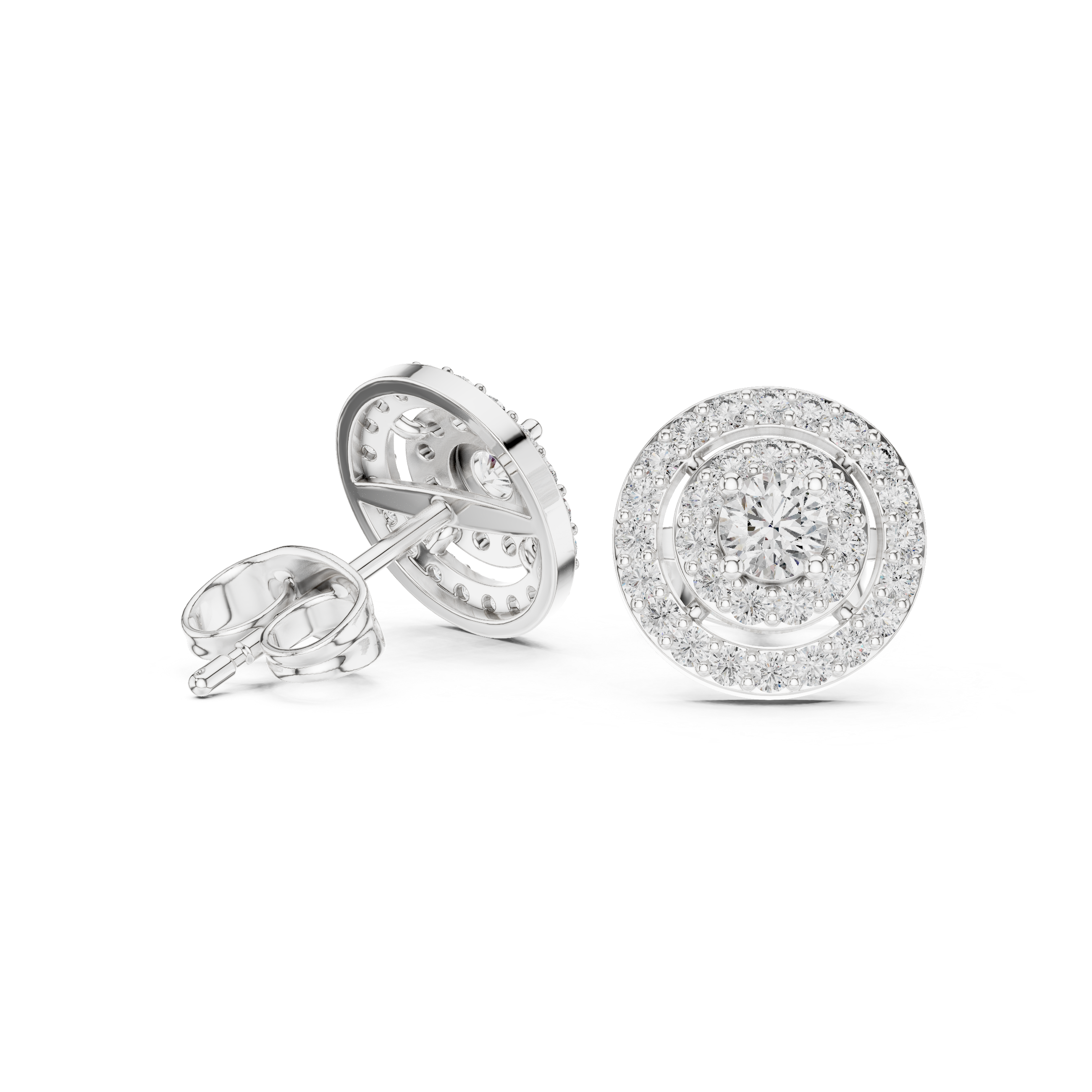 Double halo cluster stud earrings with pave set round detailing