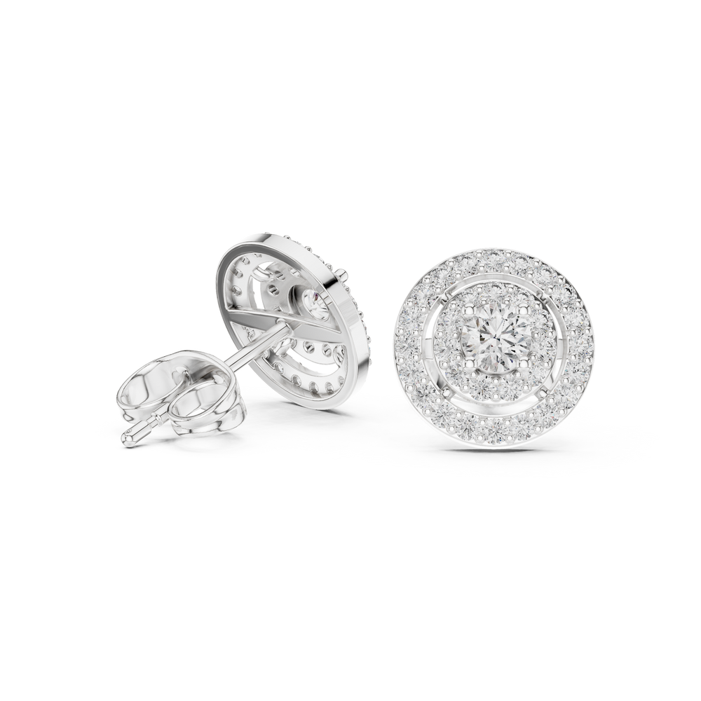Double halo cluster stud earrings with pave set round detailing