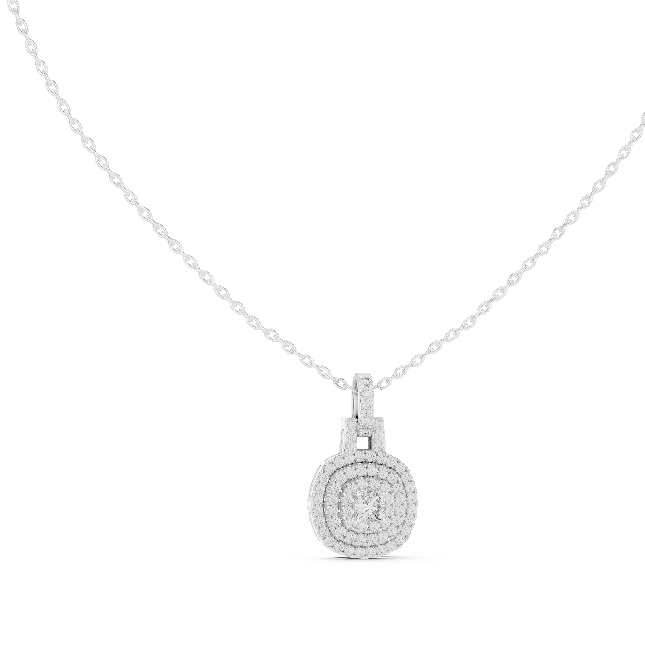 Double halo cushion cut diamond pendant necklace with pave cluster setting