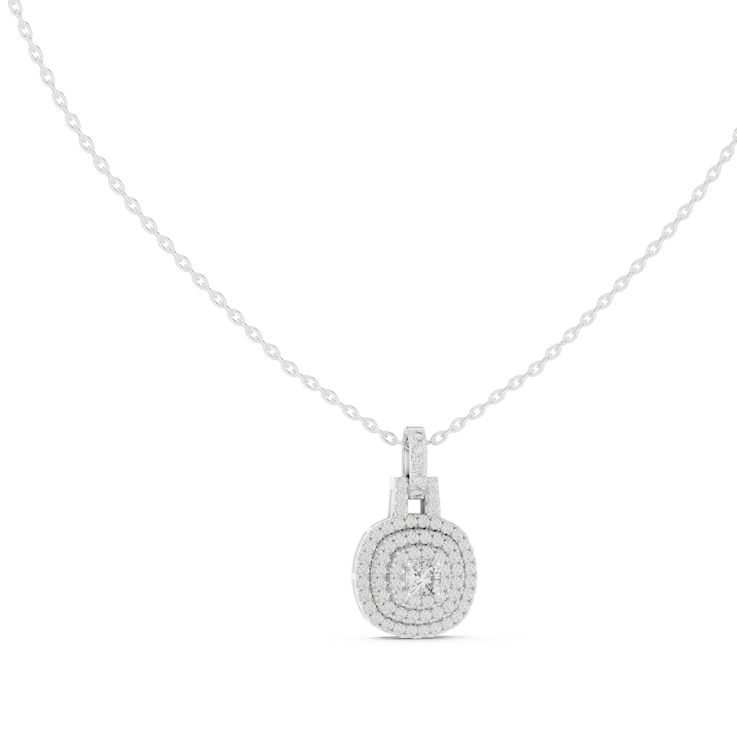 Double halo cushion cut diamond pendant necklace with pave cluster setting