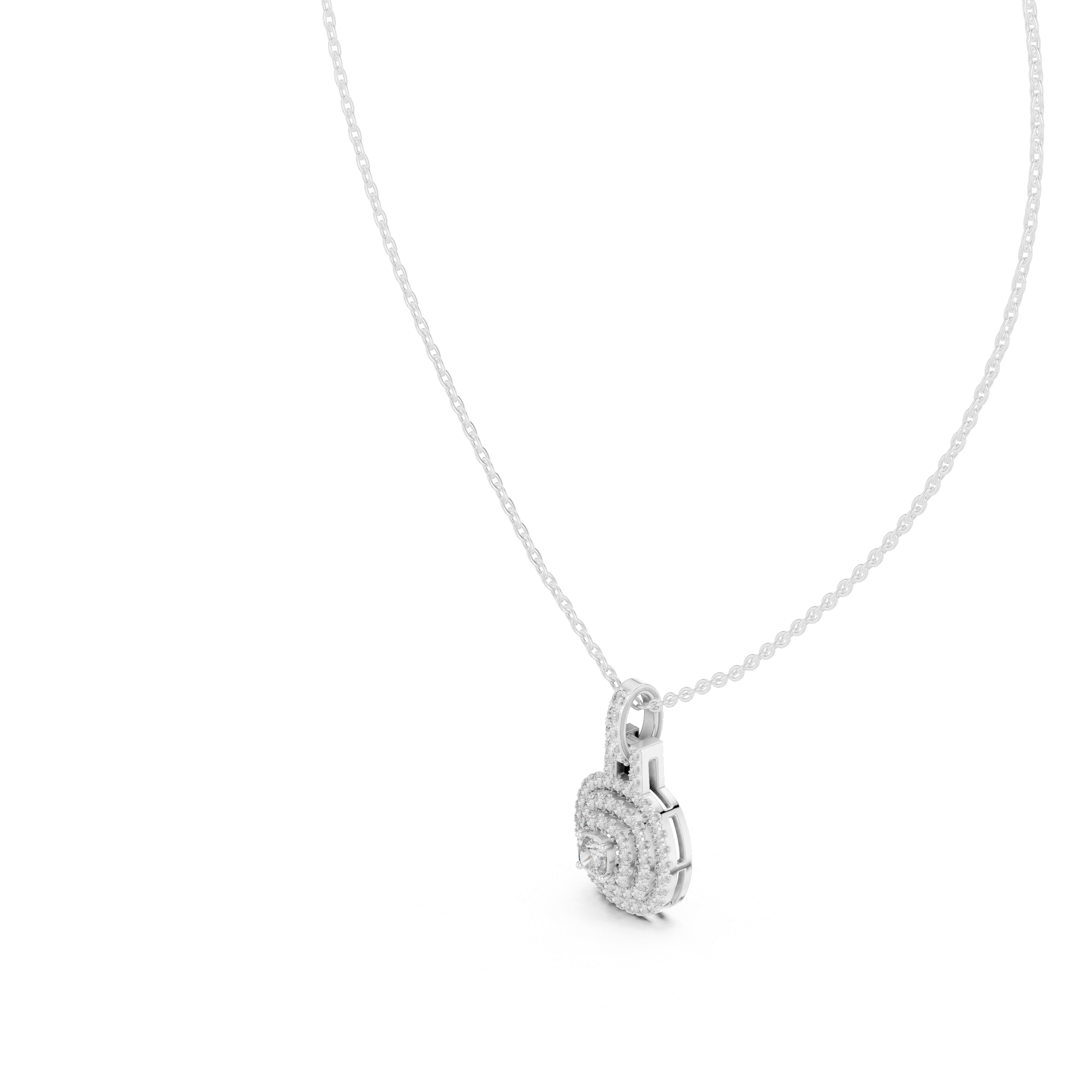 Double halo cushion cut diamond pendant necklace with pave cluster setting