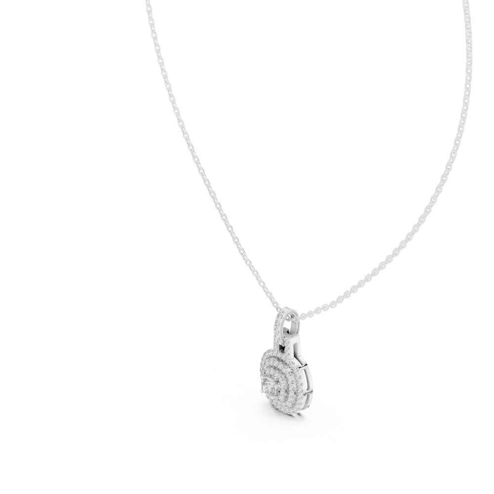 Double halo cushion cut diamond pendant necklace with pave cluster setting