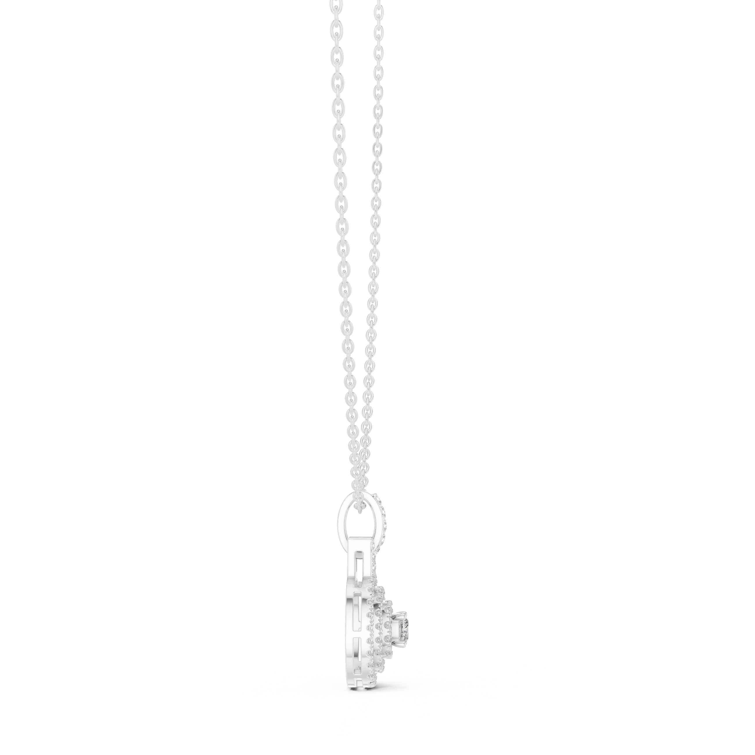 Double halo cushion cut diamond pendant necklace with pave cluster setting