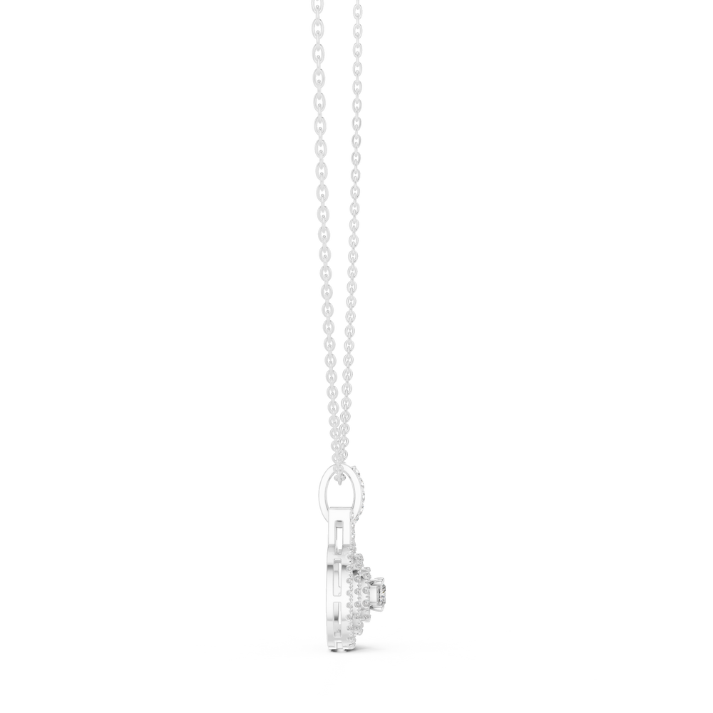 Double halo cushion cut diamond pendant necklace with pave cluster setting
