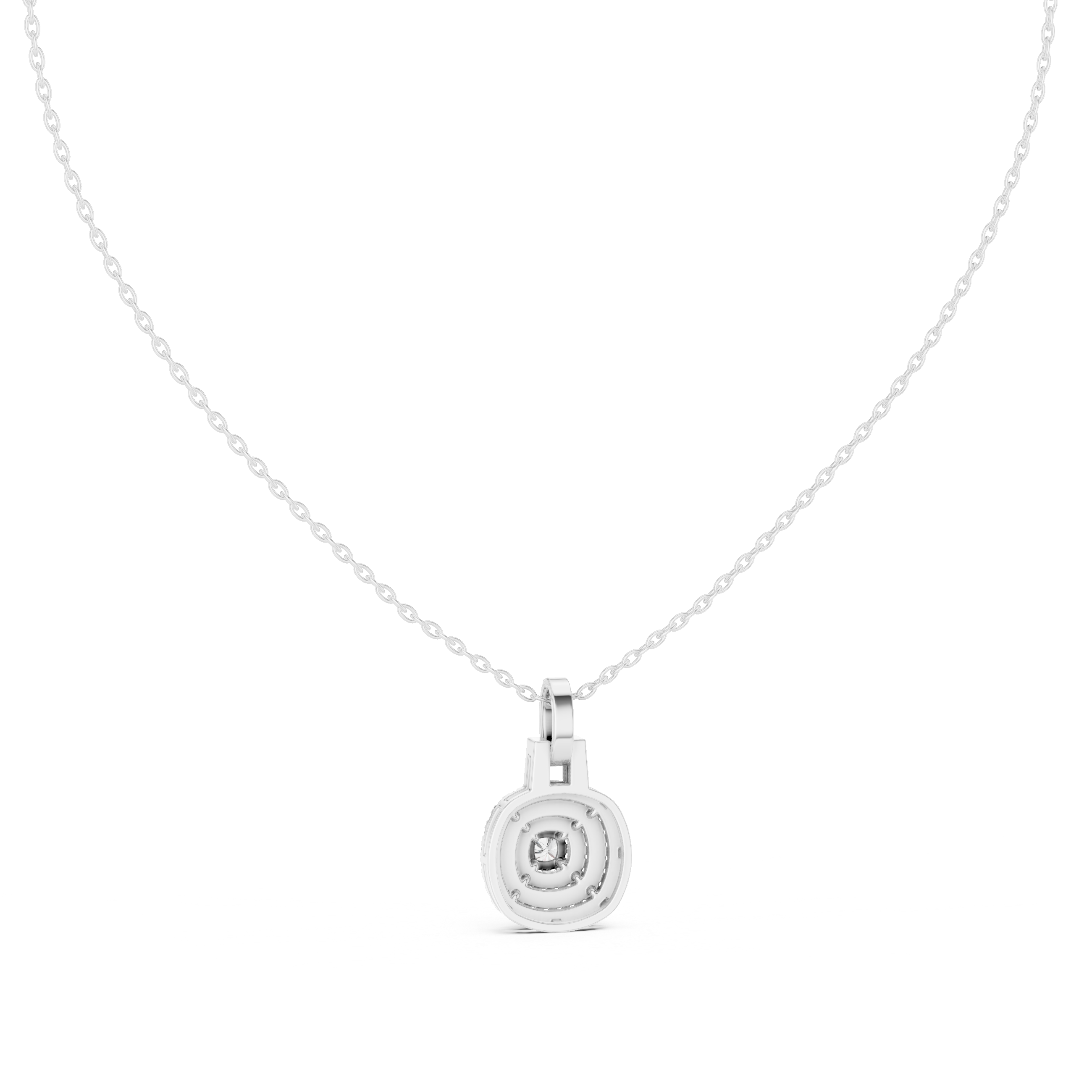Double halo cushion cut diamond pendant necklace with pave cluster setting