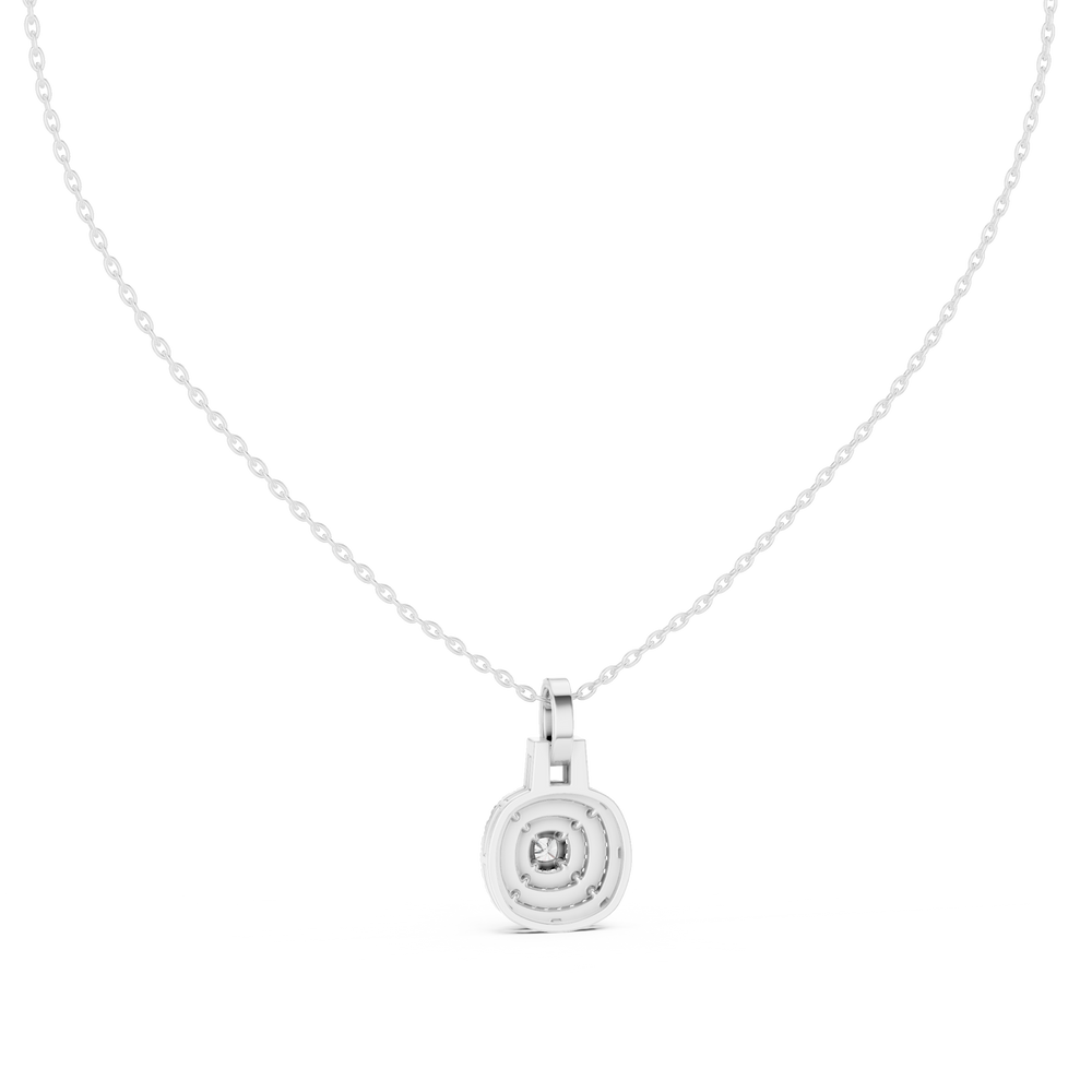 Double halo cushion cut diamond pendant necklace with pave cluster setting