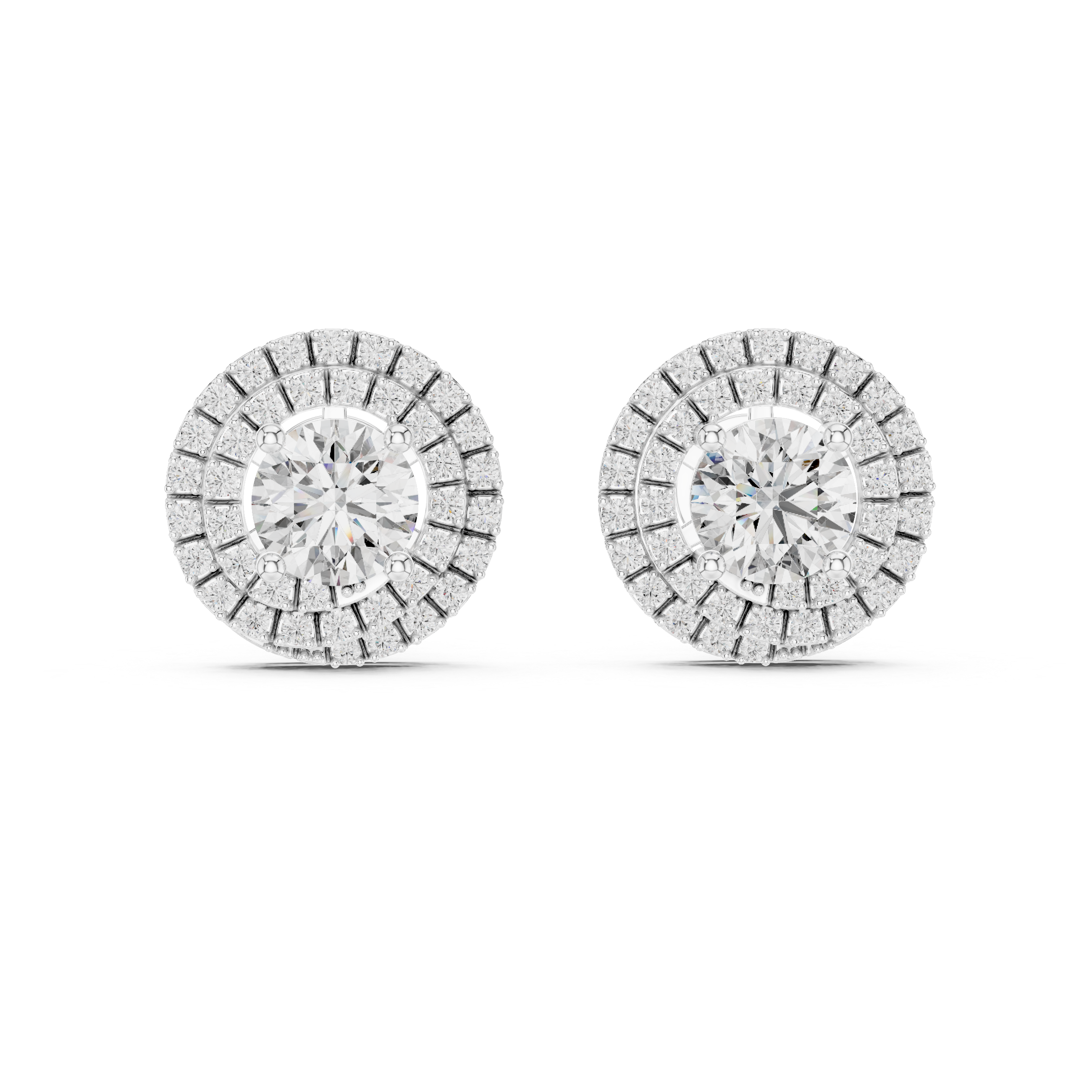 Prong-set round brilliant solitaire stud earrings with a double stone-set round halo border