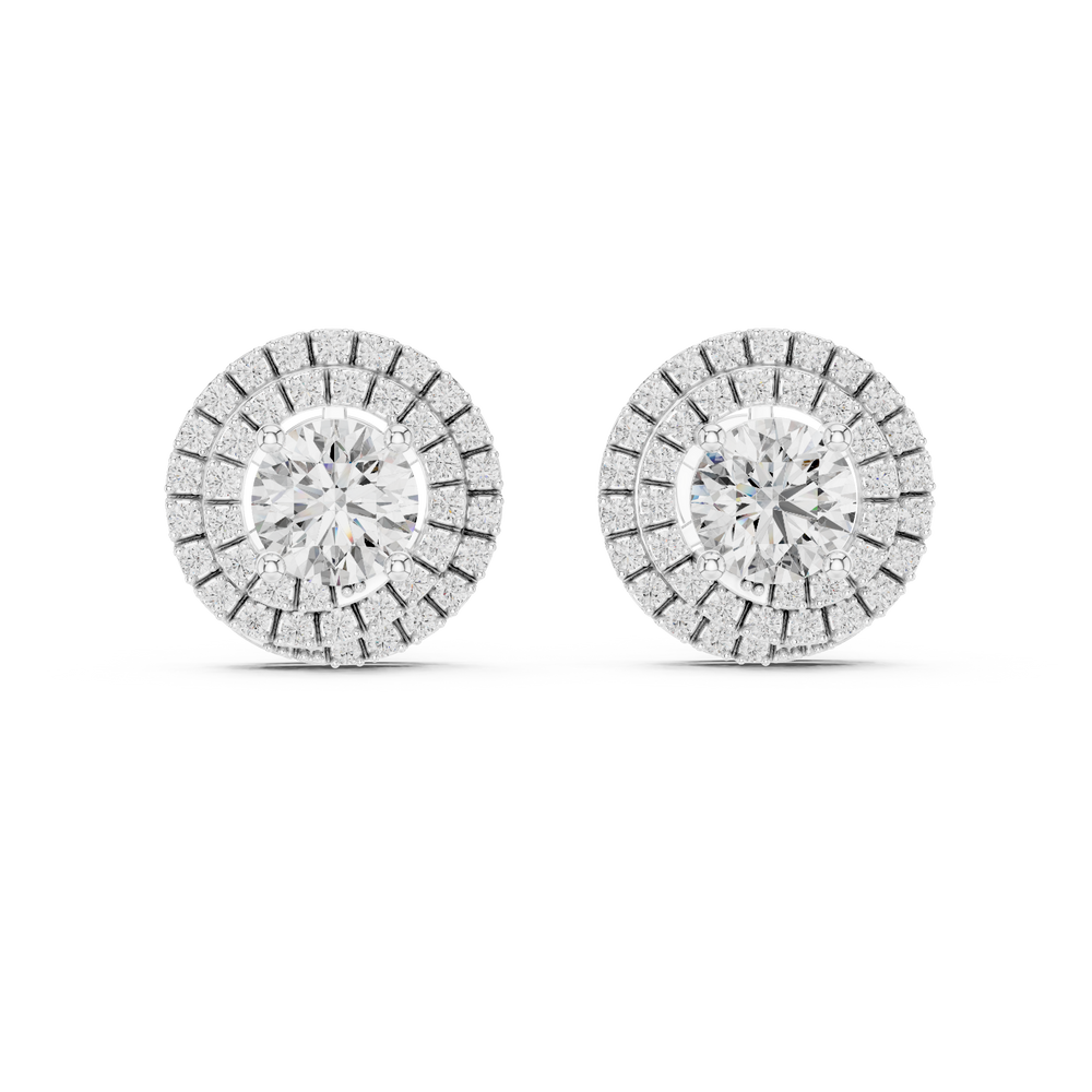 Prong-set round brilliant solitaire stud earrings with a double stone-set round halo border