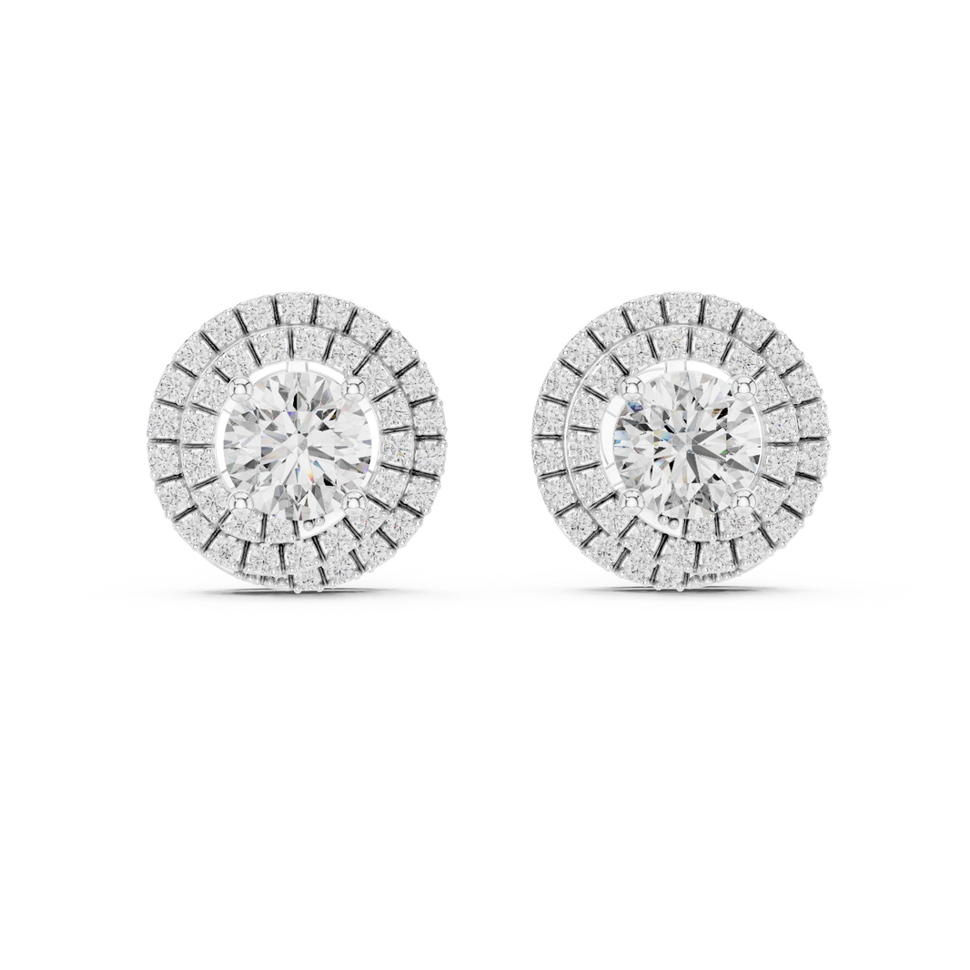 Prong-set round brilliant solitaire stud earrings with a double stone-set round halo border